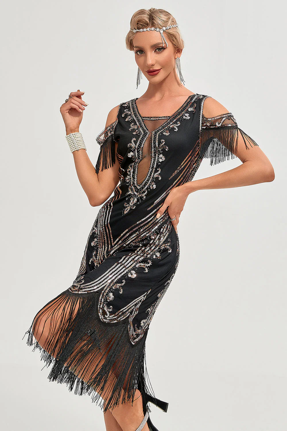 Glitter Black Sequins Fringes 1920s Gatsby Dress with Accessories Set - Image 5