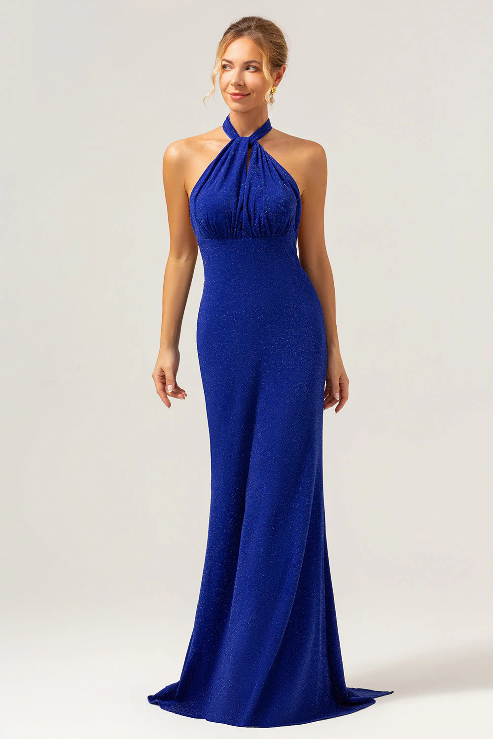Glitter Blue Mermaid Halter Backless Long Bridesmaid Dress - Image 2