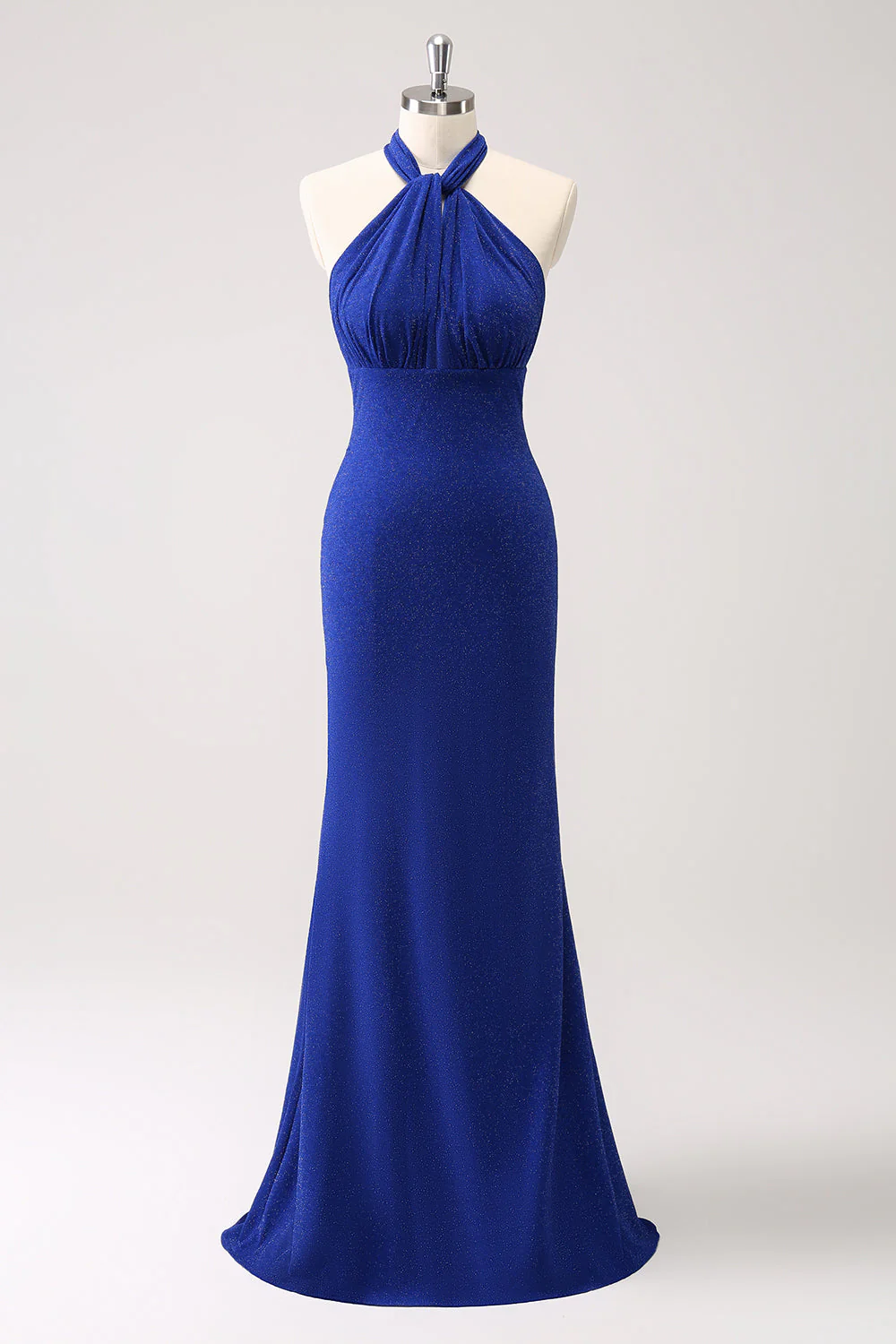 Glitter Blue Mermaid Halter Backless Long Bridesmaid Dress - Image 3