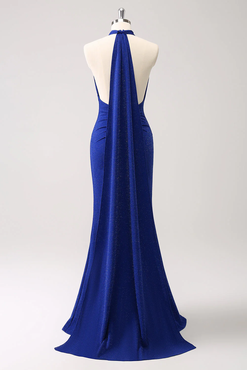 Glitter Blue Mermaid Halter Backless Long Bridesmaid Dress - Image 4