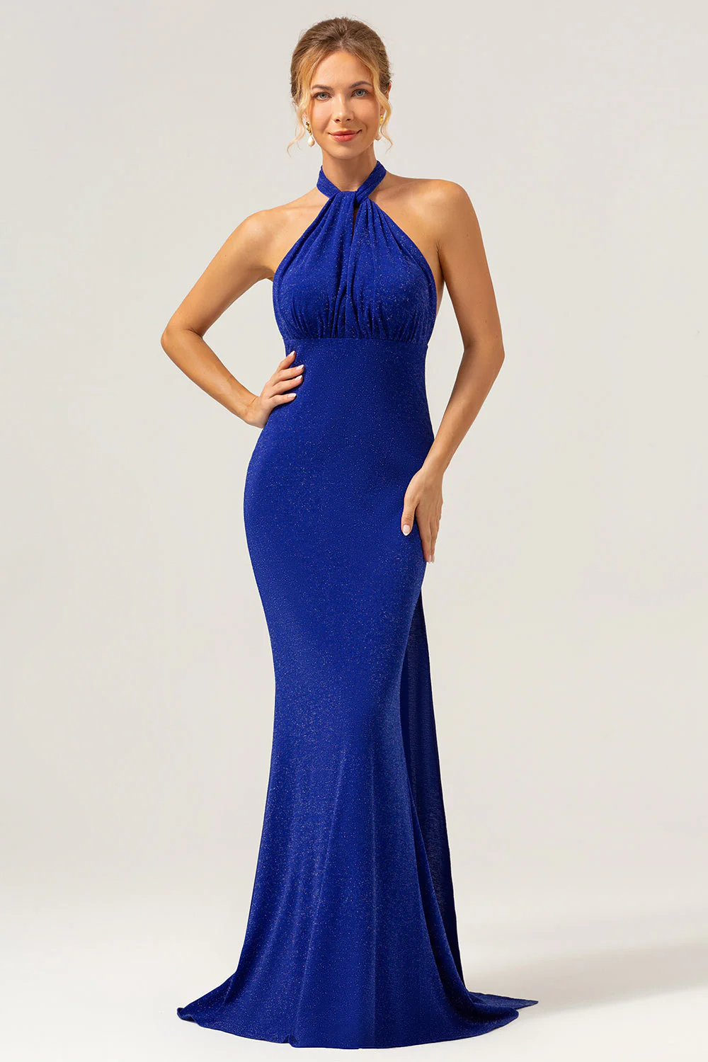 Glitter Blue Mermaid Halter Backless Long Bridesmaid Dress - Image 5