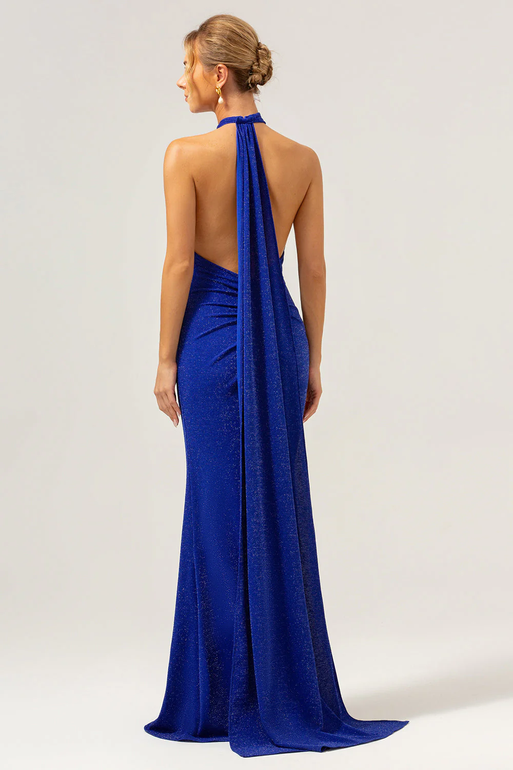 Glitter Blue Mermaid Halter Backless Long Bridesmaid Dress - Image 6