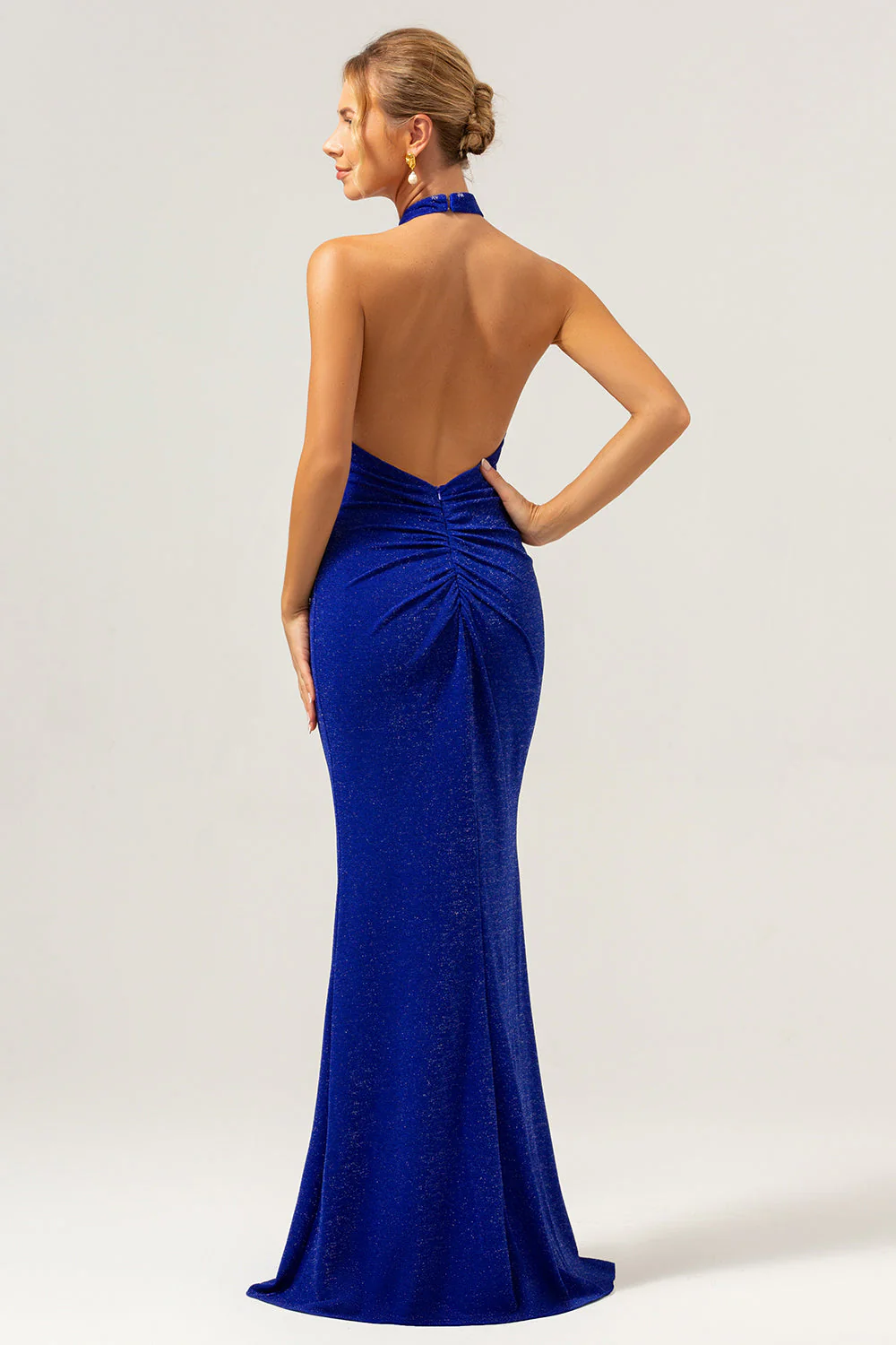 Glitter Blue Mermaid Halter Backless Long Bridesmaid Dress - Image 7