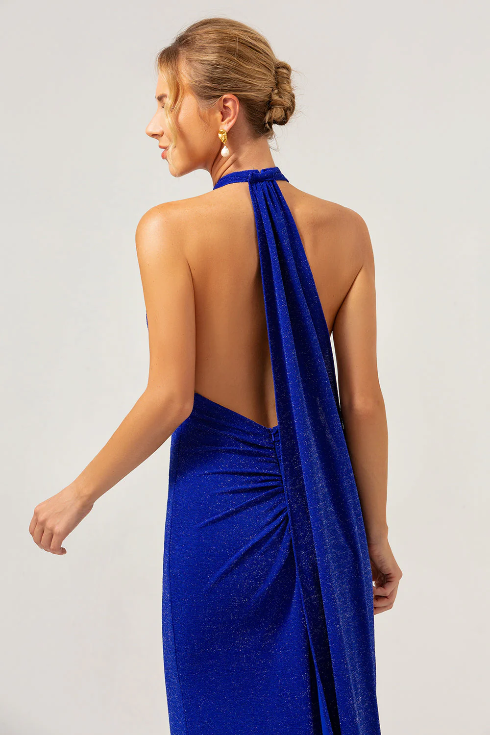 Glitter Blue Mermaid Halter Backless Long Bridesmaid Dress - Image 9
