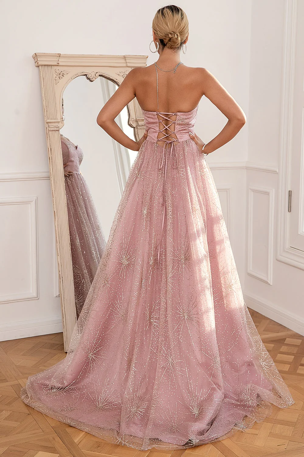 Glitter Blush Long Prom Dress with Slit - Image 2