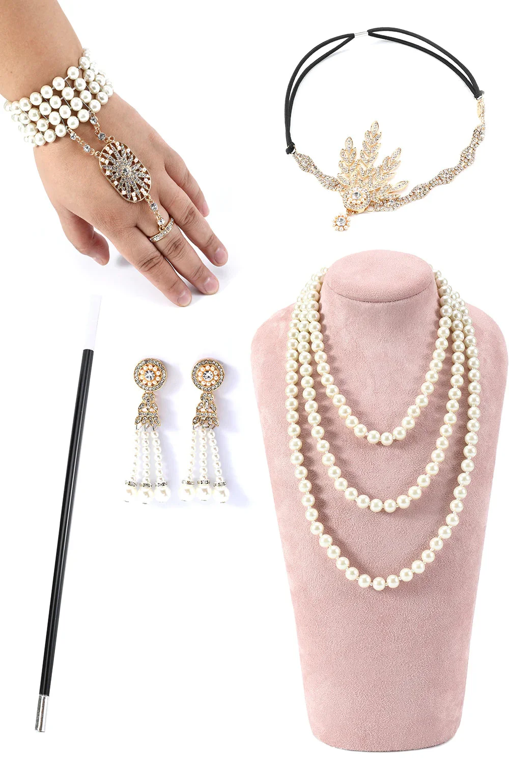 Glitter Champagne Sequins Fringed 1920s Gatsby Dress with Accessories Set - Image 3