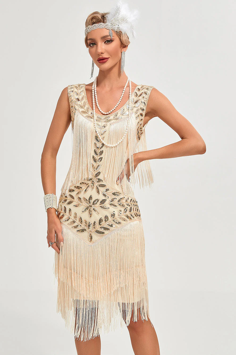 Glitter Champagne Sequins Fringed 1920s Gatsby Dress with Accessories Set - Image 4