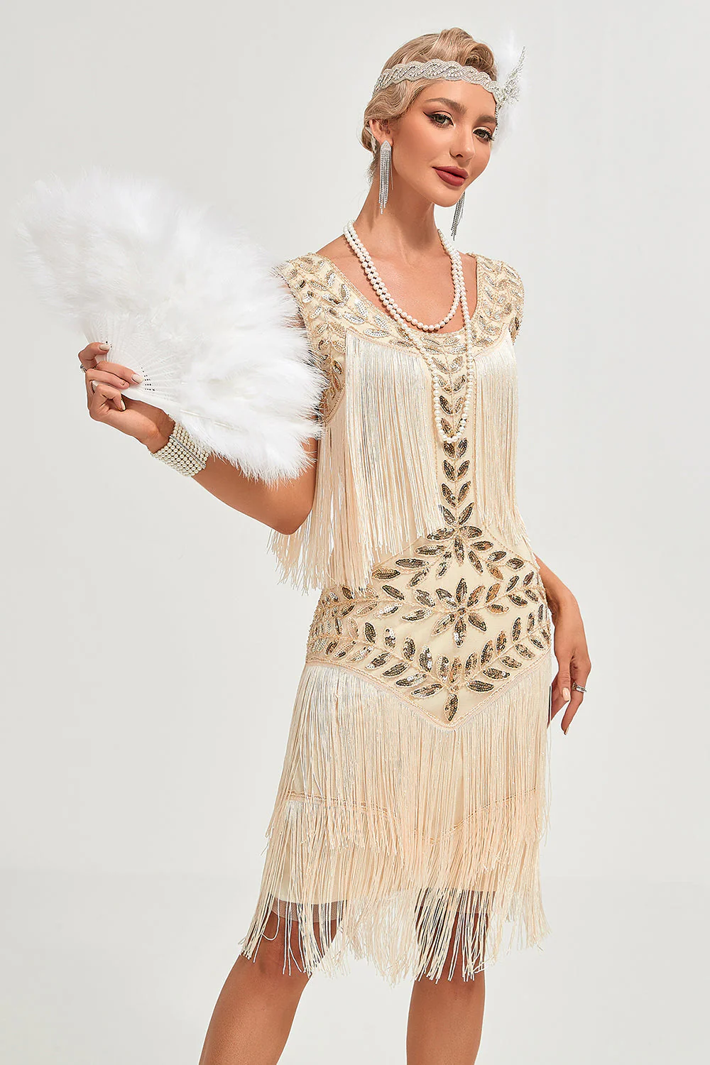 Glitter Champagne Sequins Fringed 1920s Gatsby Dress with Accessories Set - Image 5