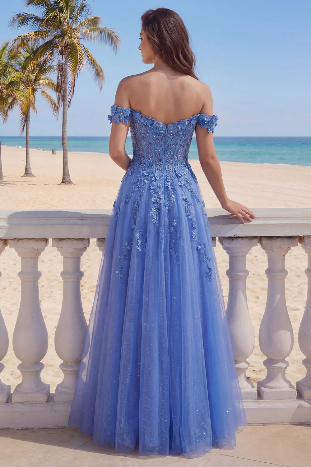 Glitter Dark Blue A Line Off The Shoulder Long Corset Prom Dress with 3D Flowers - Image 2