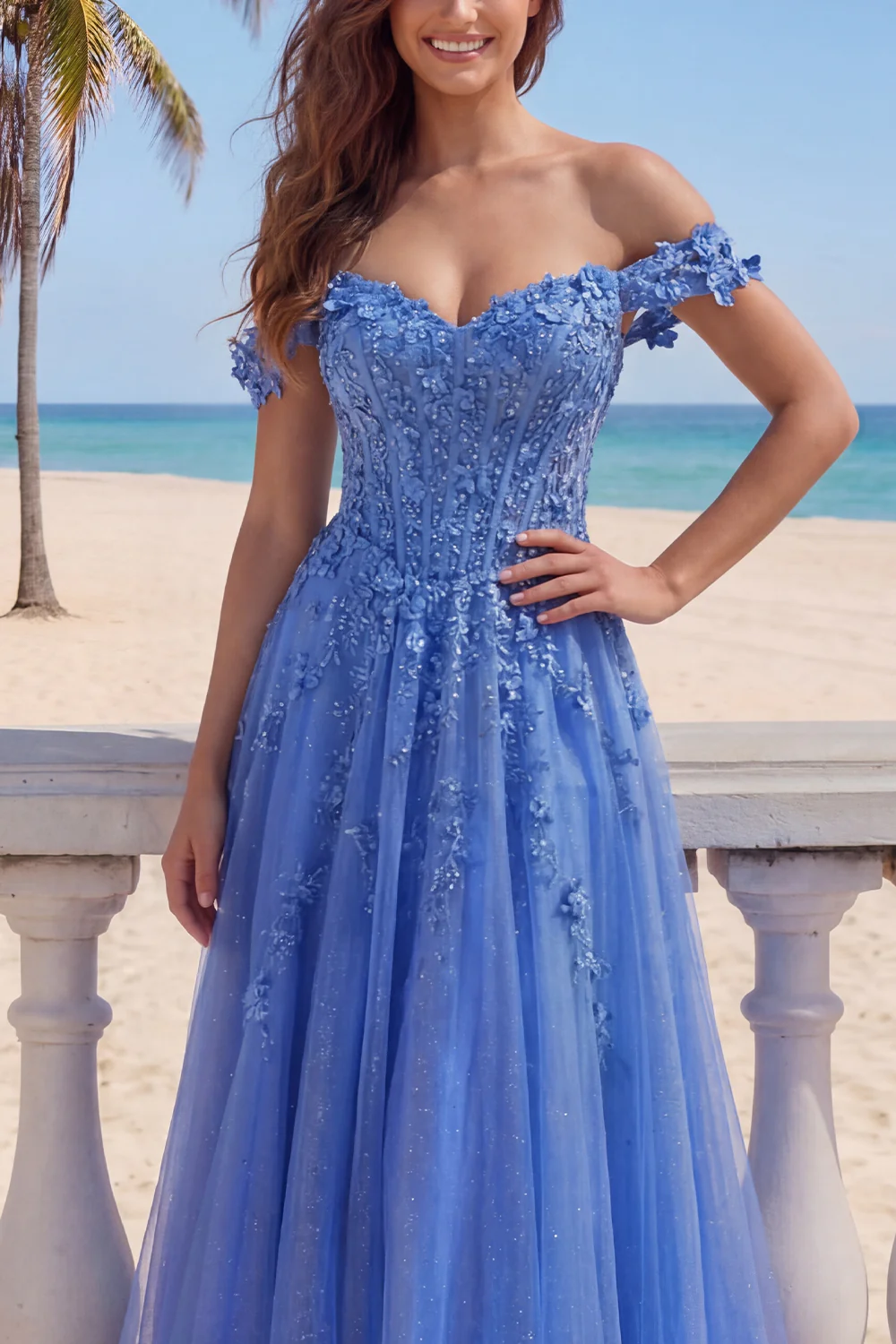 Glitter Dark Blue A Line Off The Shoulder Long Corset Prom Dress with 3D Flowers - Image 3