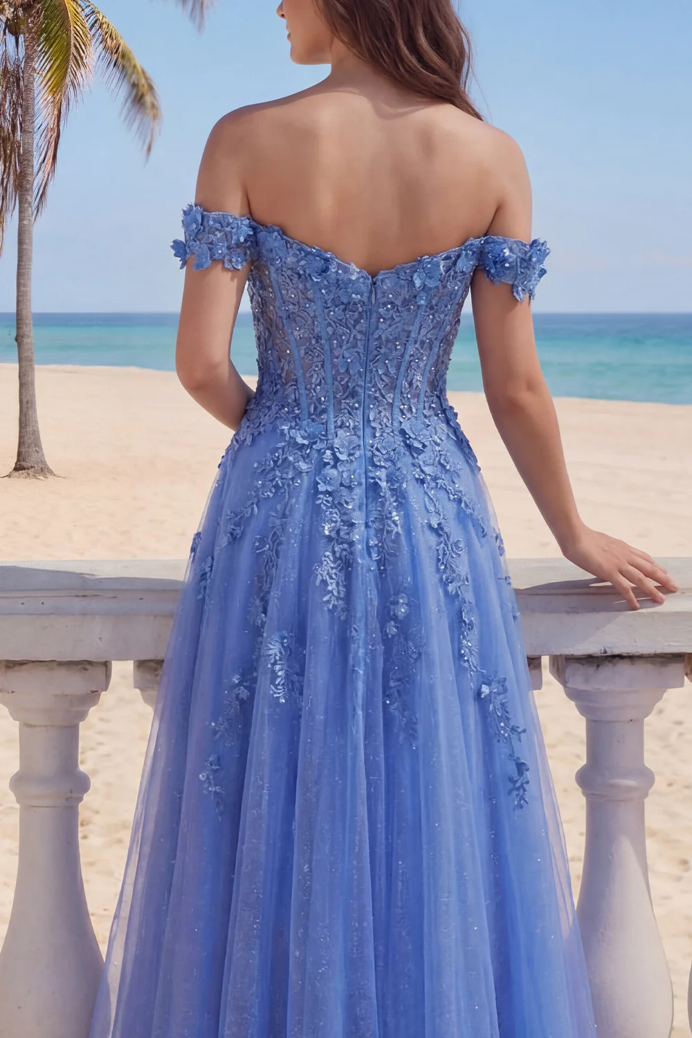 Glitter Dark Blue A Line Off The Shoulder Long Corset Prom Dress with 3D Flowers - Image 4