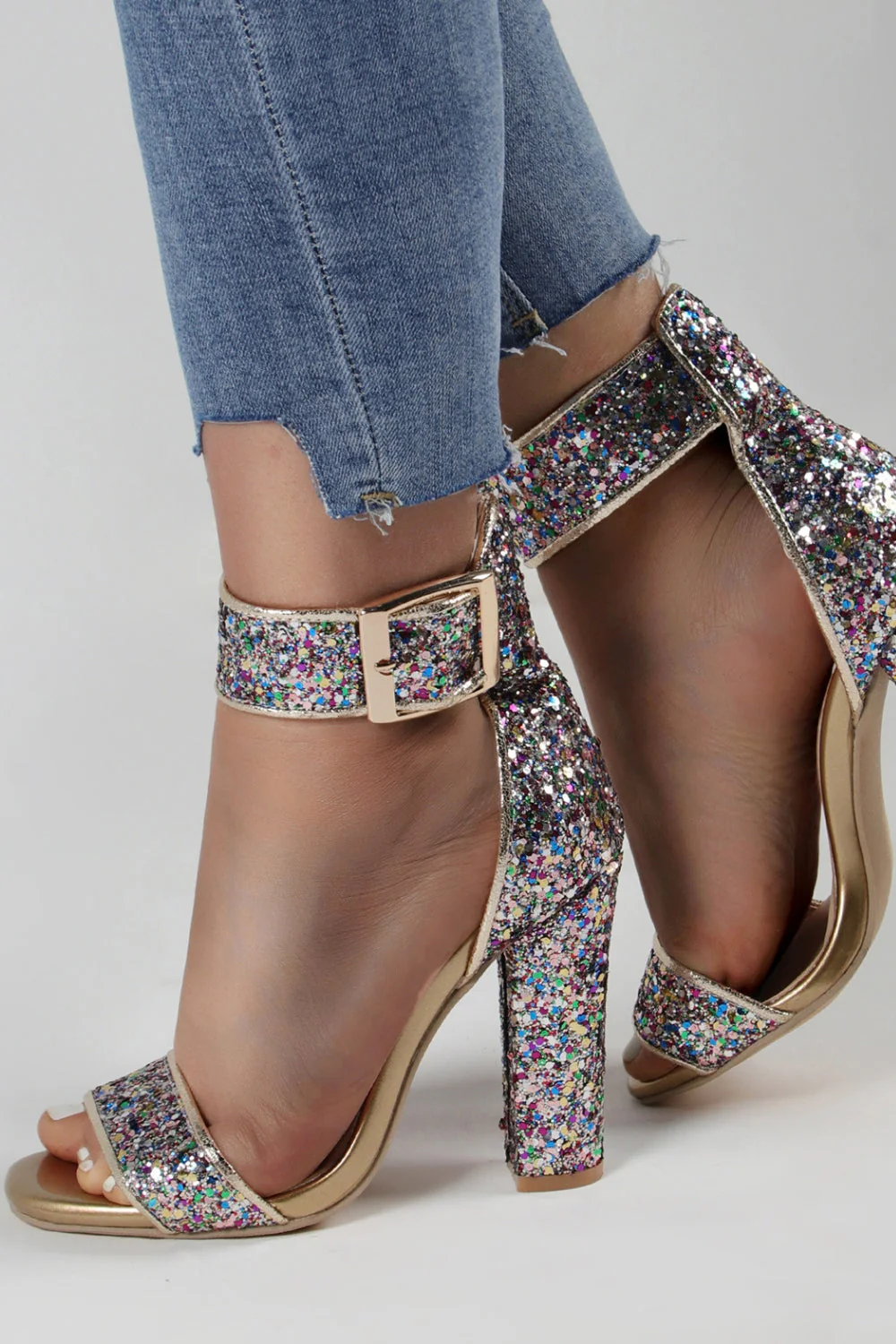 Glitter Golden Open Toe Buckle Party Shoes - Image 7