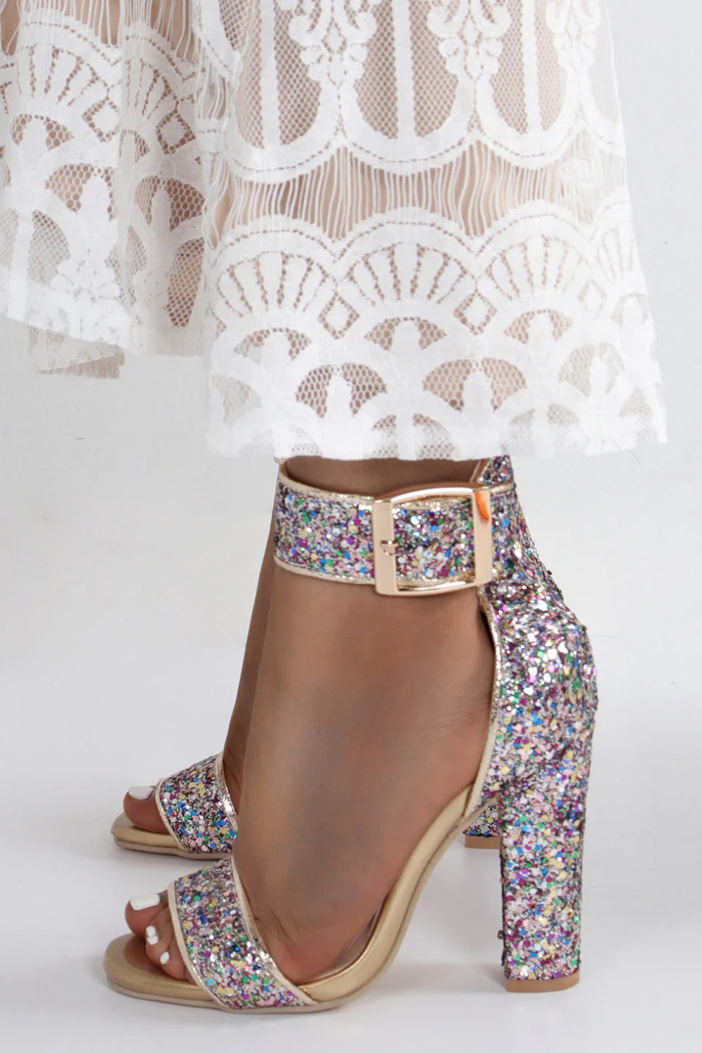 Glitter Golden Open Toe Buckle Party Shoes - Image 8