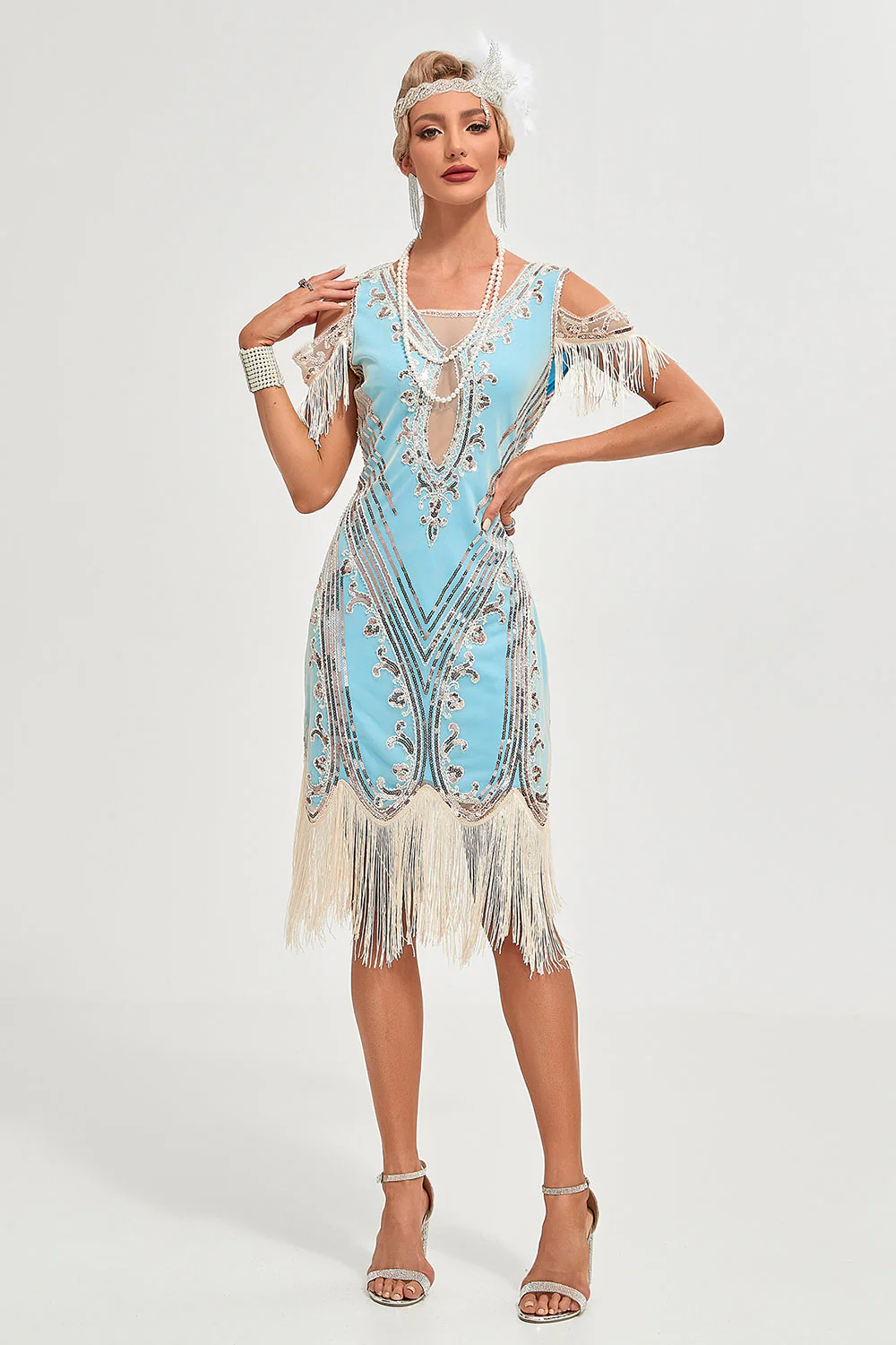 Glitter Green Cold Shoulder Sequins Fringes 1920s Gatsby Dress with Accessories Set - Image 4