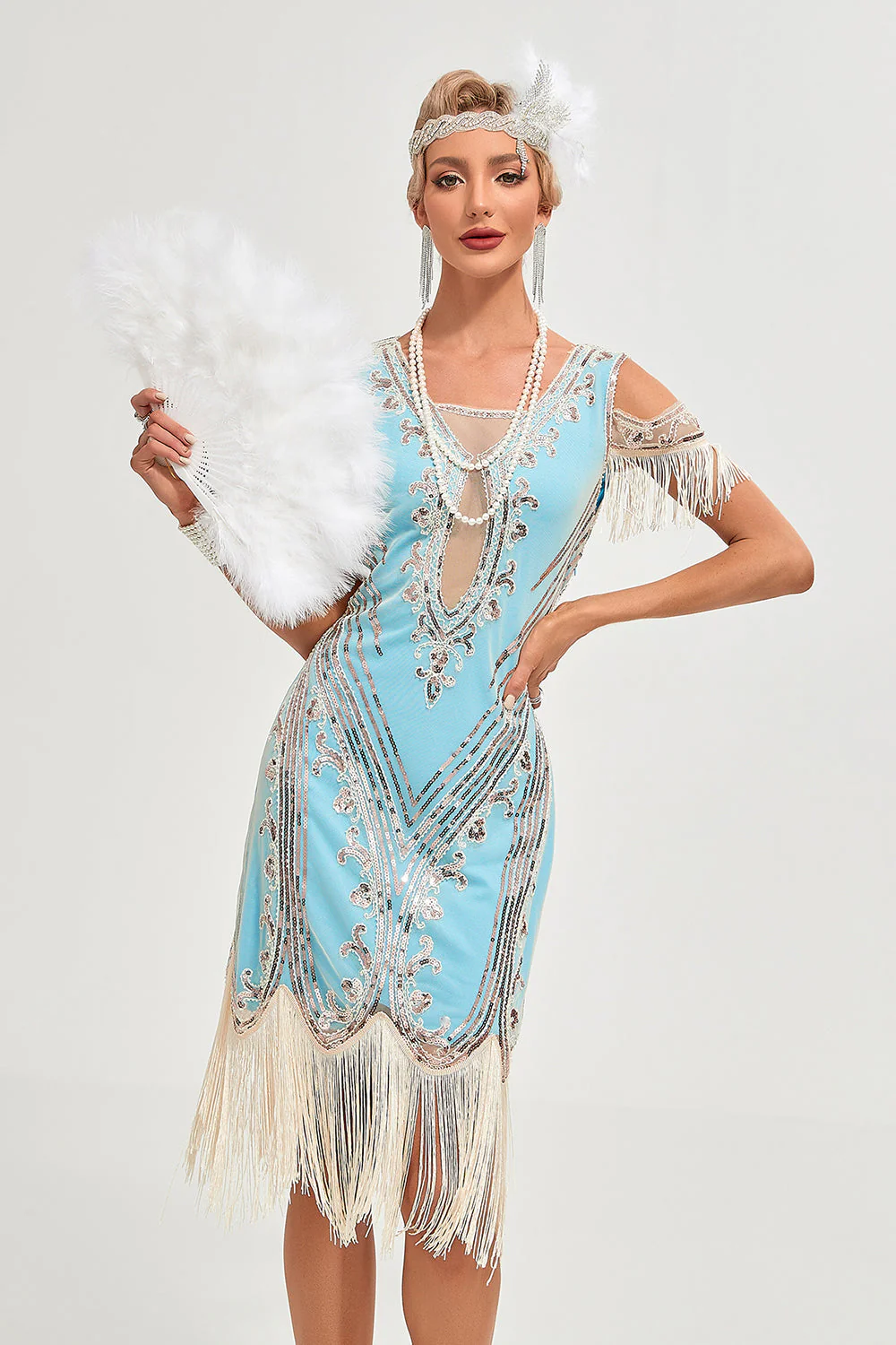 Glitter Green Cold Shoulder Sequins Fringes 1920s Gatsby Dress with Accessories Set - Image 5