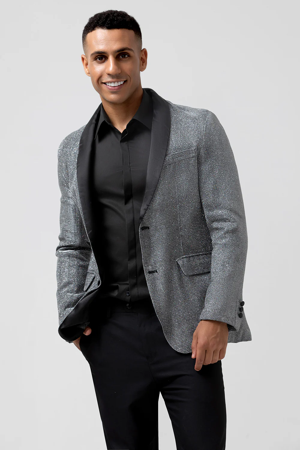 Glitter Grey Shawl Lapel Single Breasted Men's Blazer - Image 5