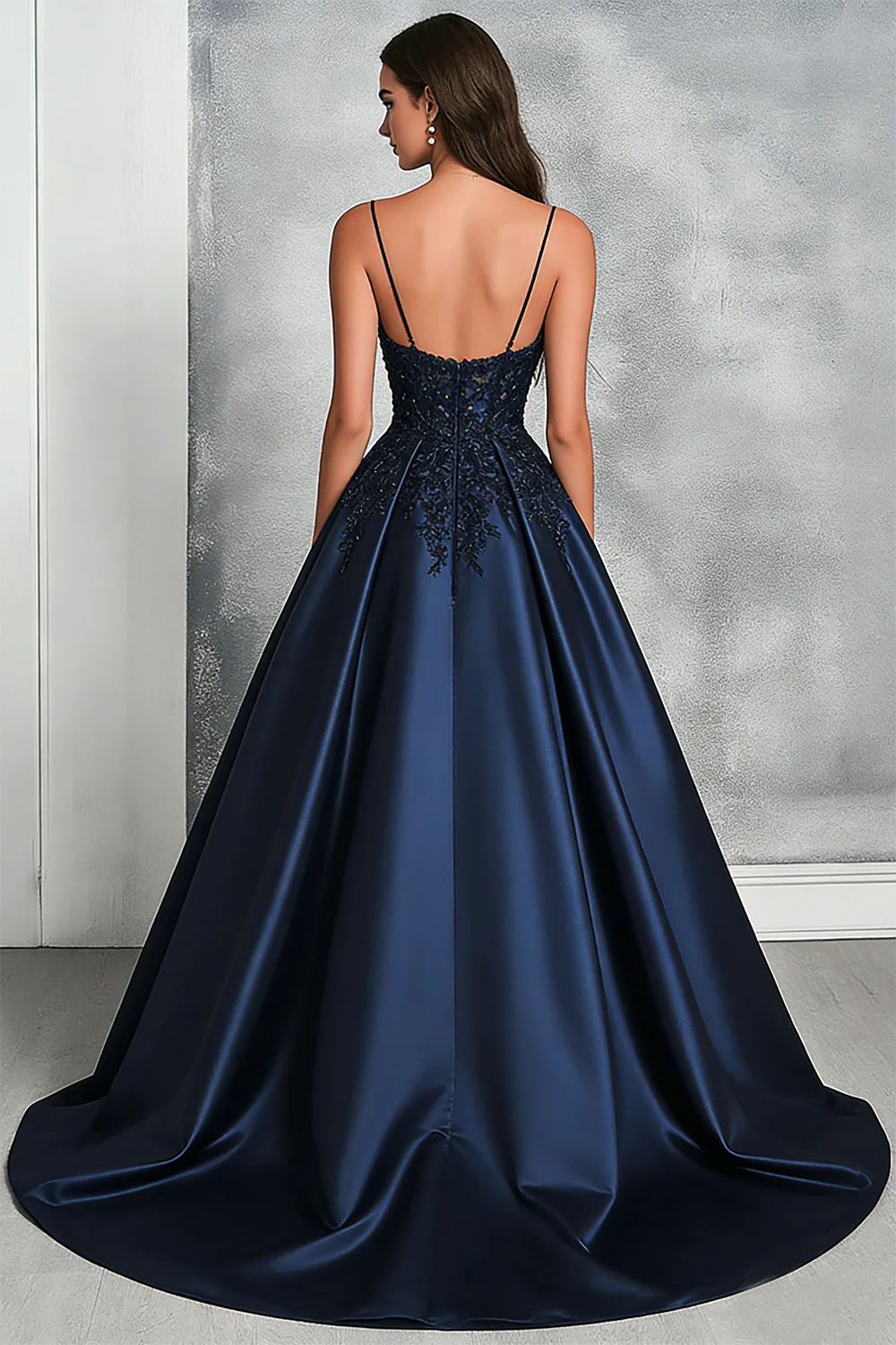 Glitter Navy A-Line Spaghetti Straps Satin Ball Gown Dress with Appliques - Image 2