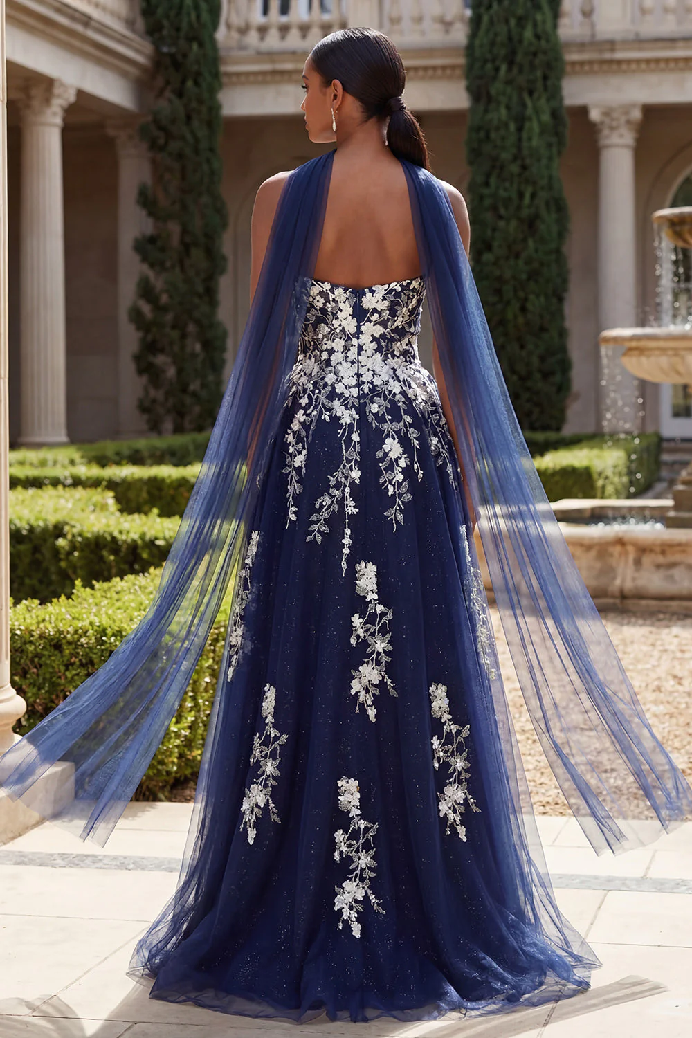 Glitter Navy A Line Sweetheart Side Slit Long Prom Dress with a Neck Scarf - Image 2