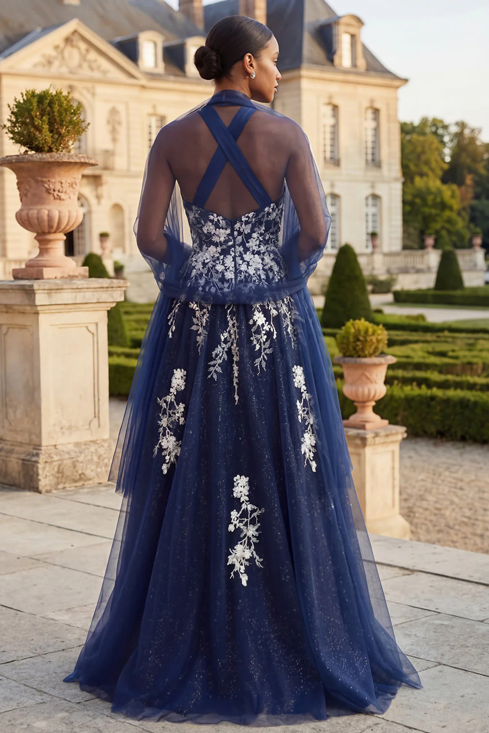 Glitter Navy Floral Halter A Line Side Slit Long Prom Dress with Wrap - Image 2