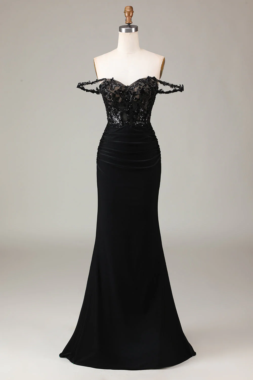 Glitter Off the Shoulder Black Mermaid Long Prom Dress - Image 3