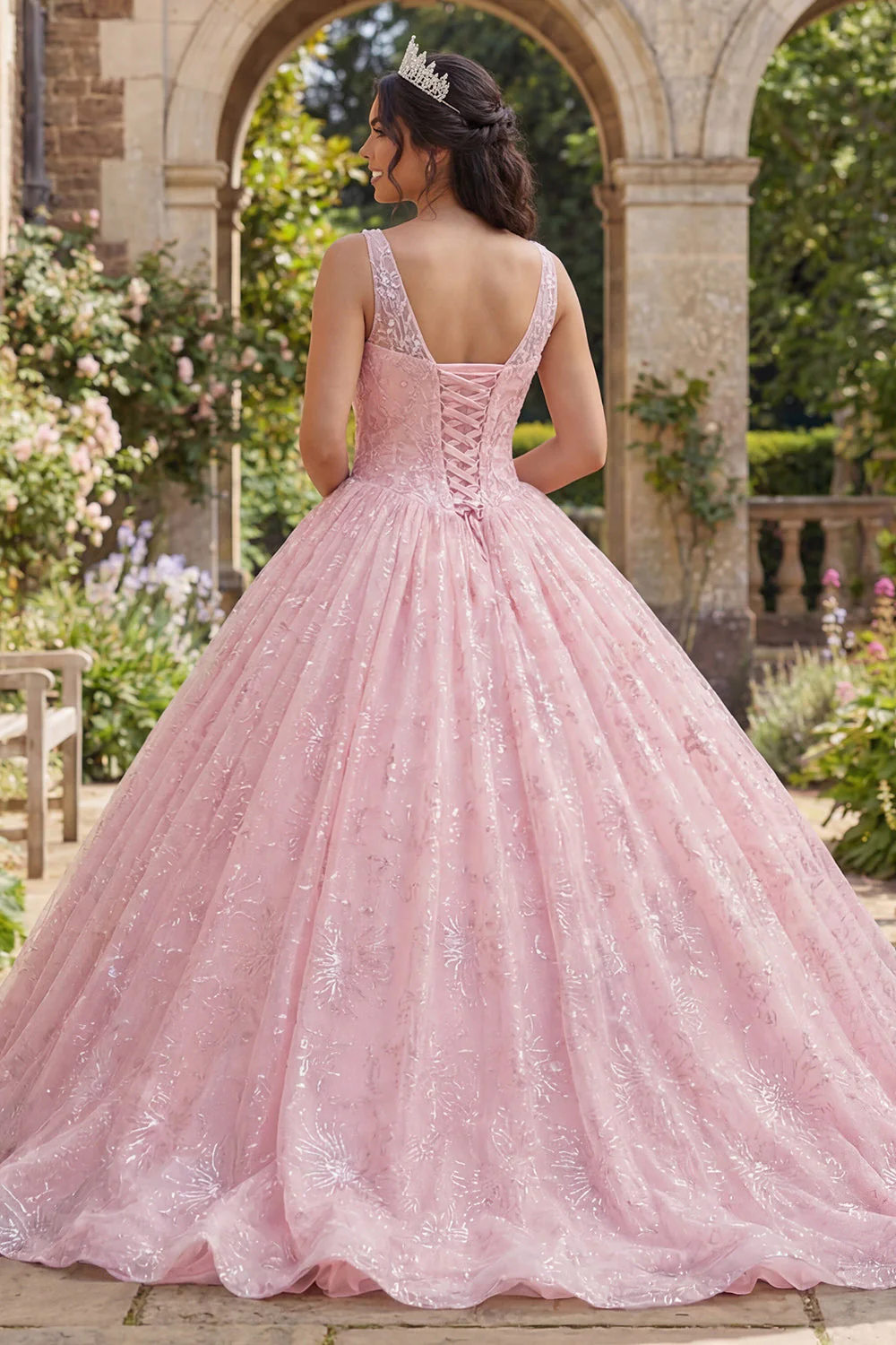 Glitter Pink Ball Gown Corset V Neck Quinceanera Dress - Image 2