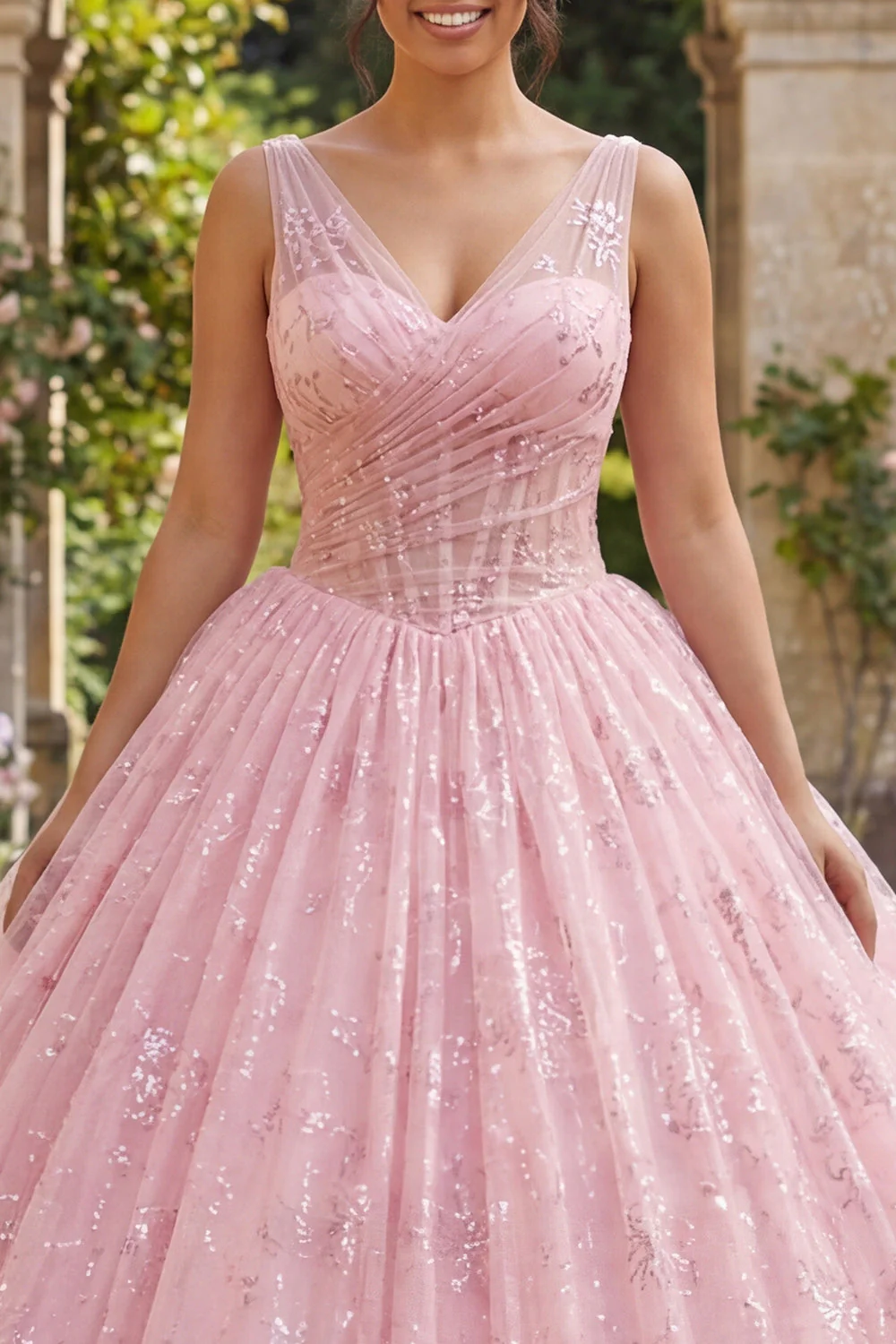 Glitter Pink Ball Gown Corset V Neck Quinceanera Dress - Image 3