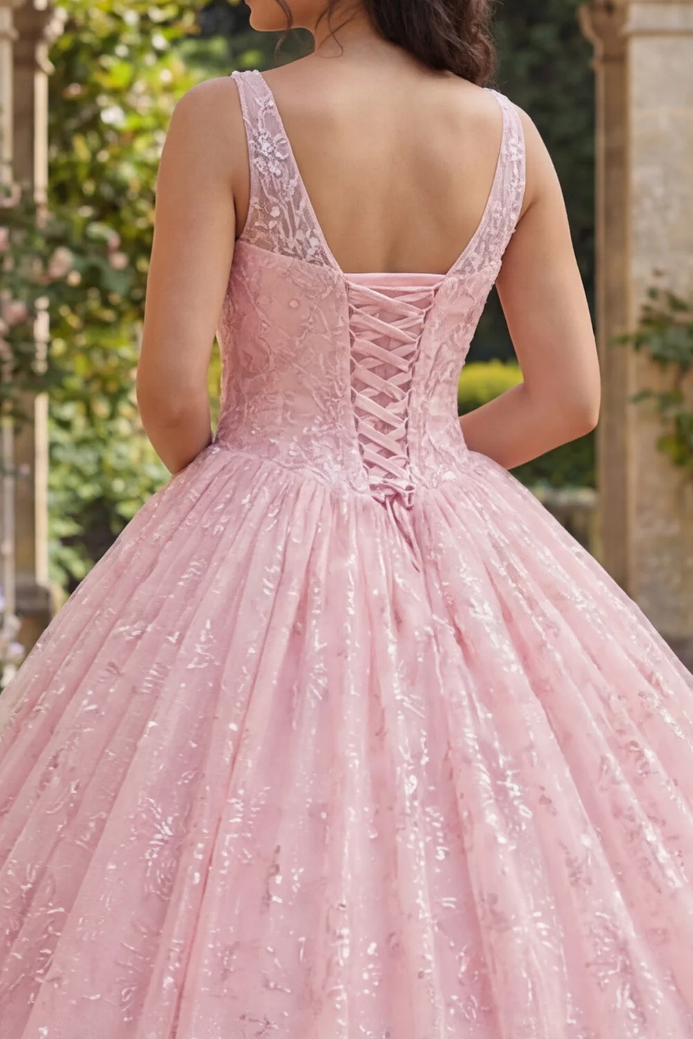 Glitter Pink Ball Gown Corset V Neck Quinceanera Dress - Image 4
