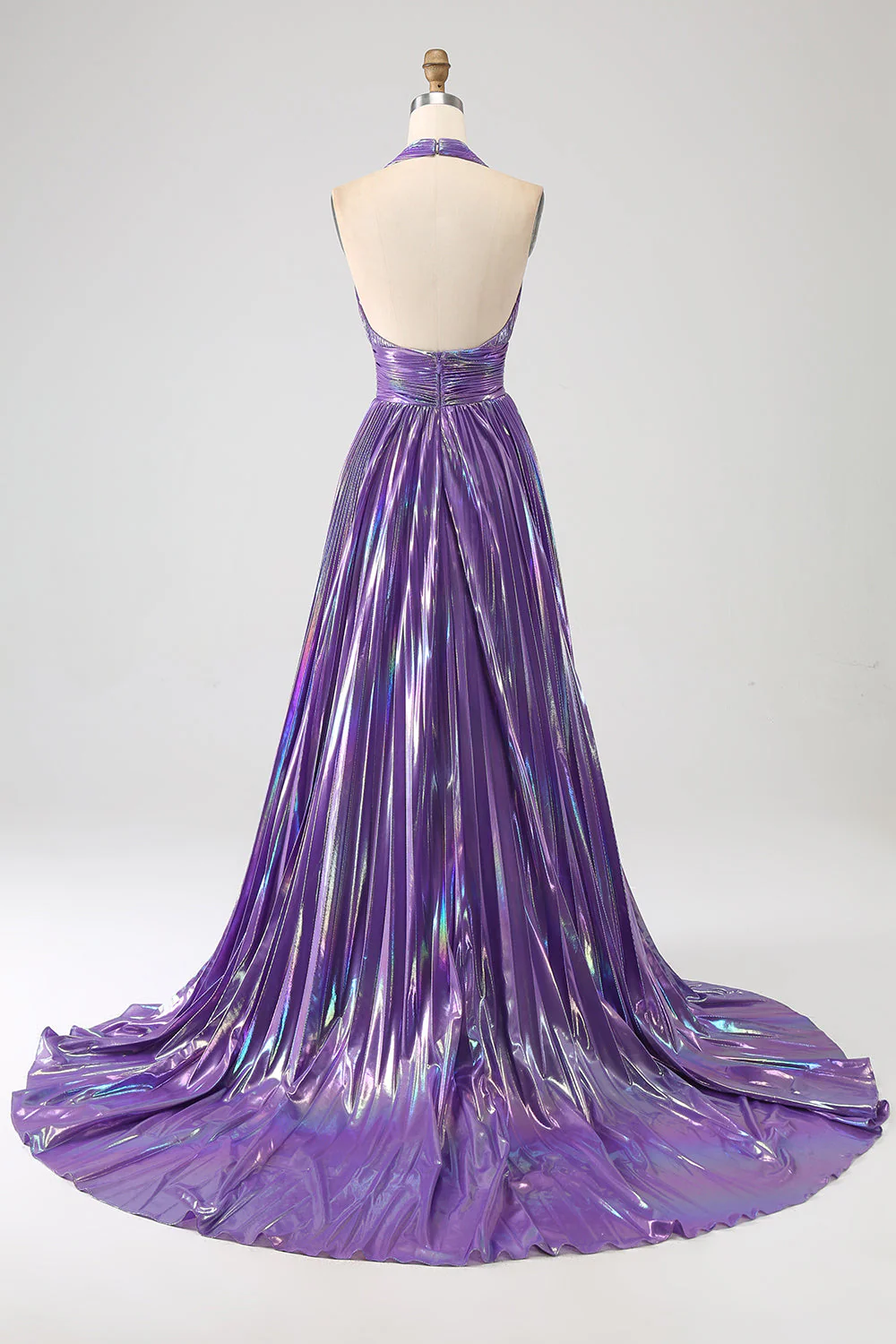 Glitter Purple Pleated Metallic Long Prom Dress with Slit - Image 2