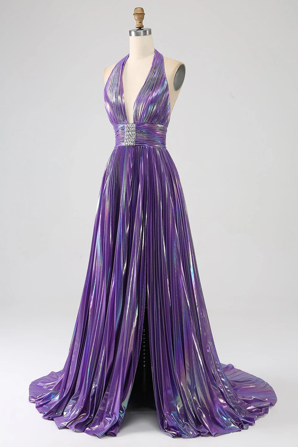 Glitter Purple Pleated Metallic Long Prom Dress with Slit - Image 3
