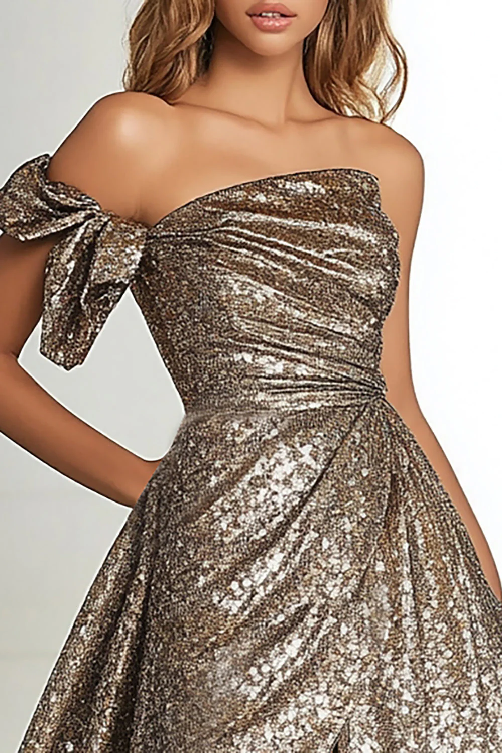 Gold Glitter Fabric A Line One Shoulder Pleated Prom Dress with Slit - Image 2
