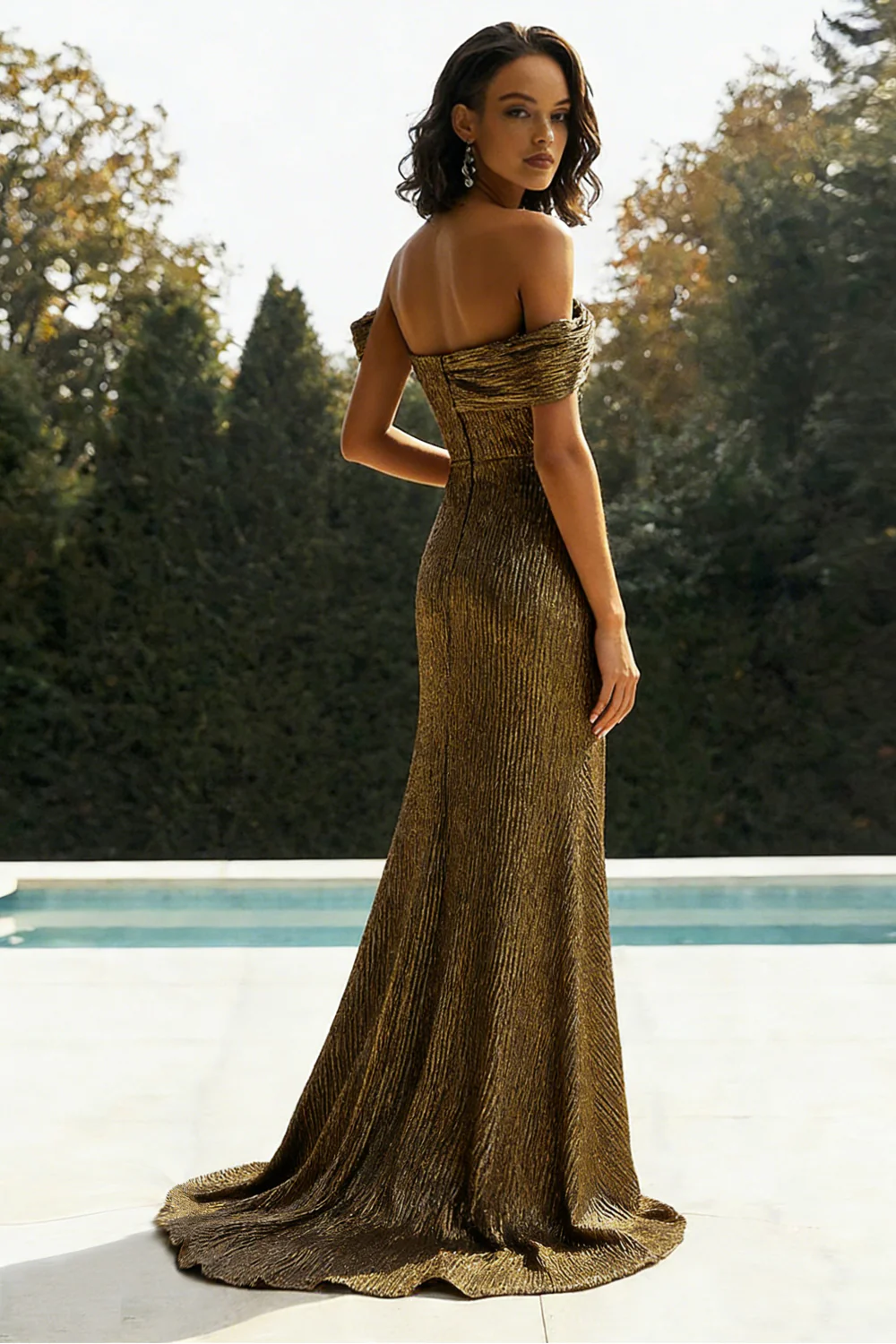 Gold Off The Shoulder Sheath Metallic Satin Prom Dress With Slit - Image 2