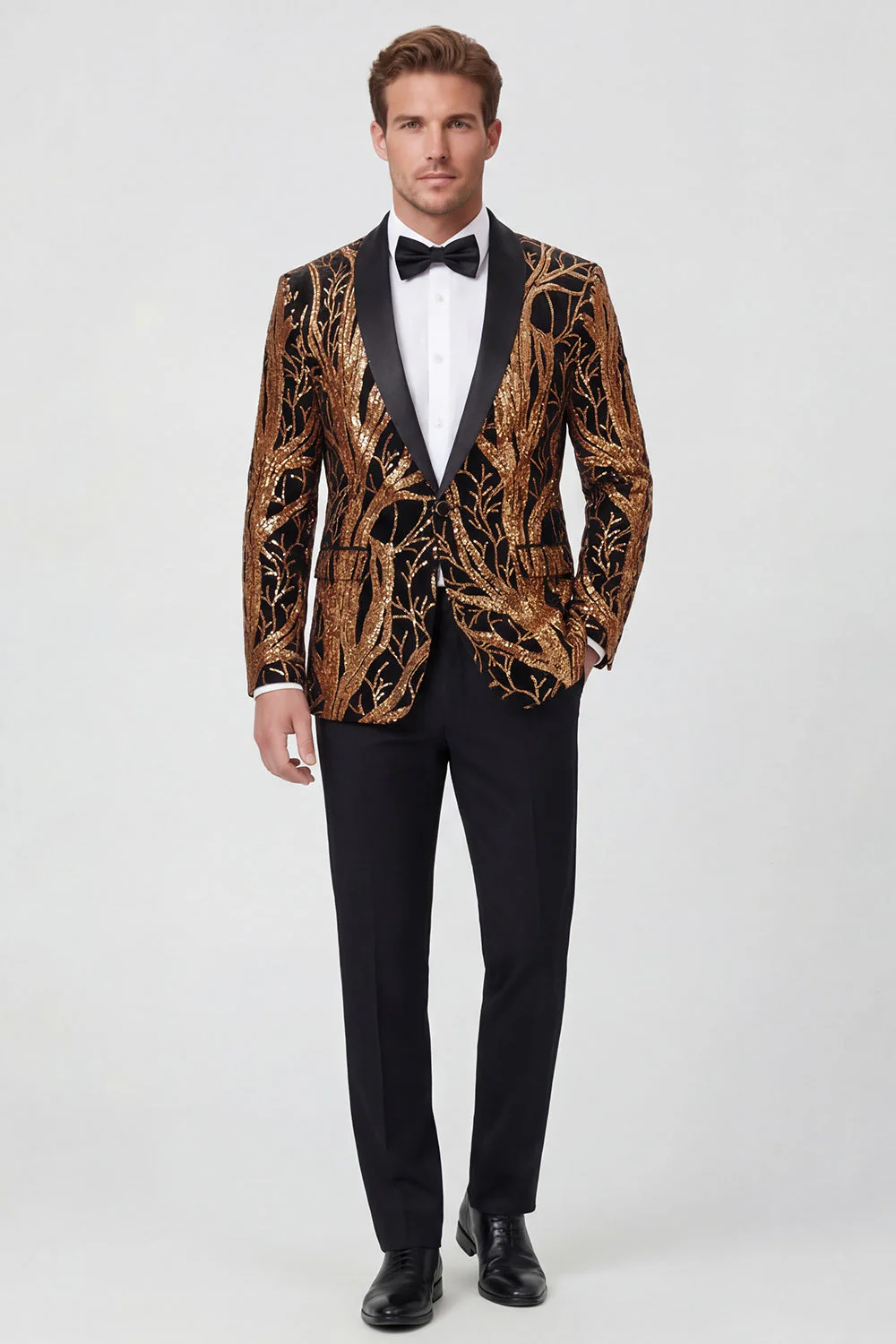 Gold Shawl Lapel One Button Sequined Men's Blazer - Image 2