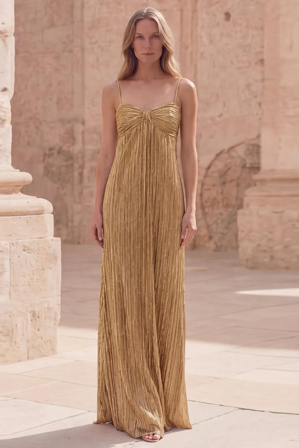 Gold Sheath Pleated Spaghetti Straps Long Prom Dress