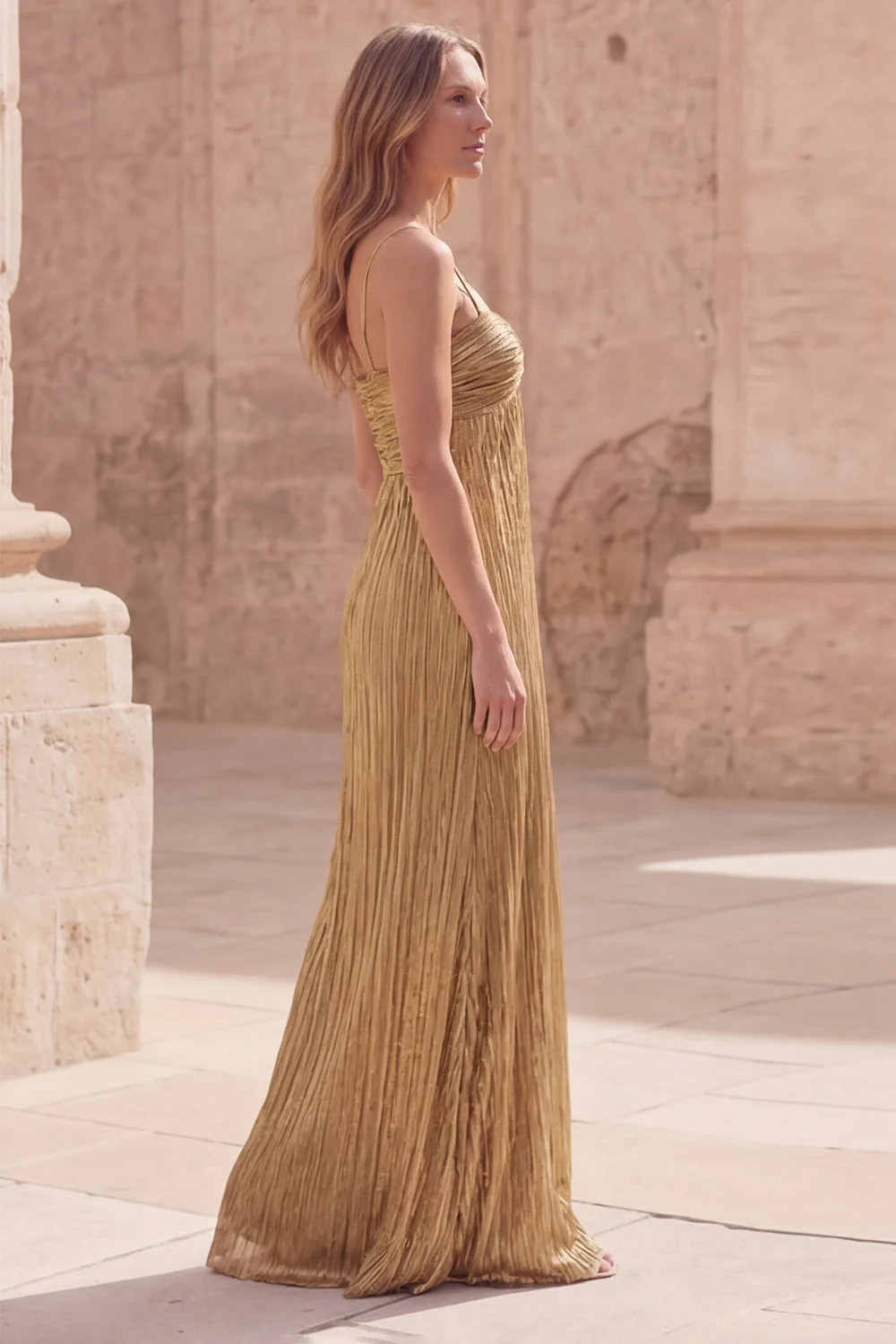 Gold Sheath Pleated Spaghetti Straps Long Prom Dress - Image 3