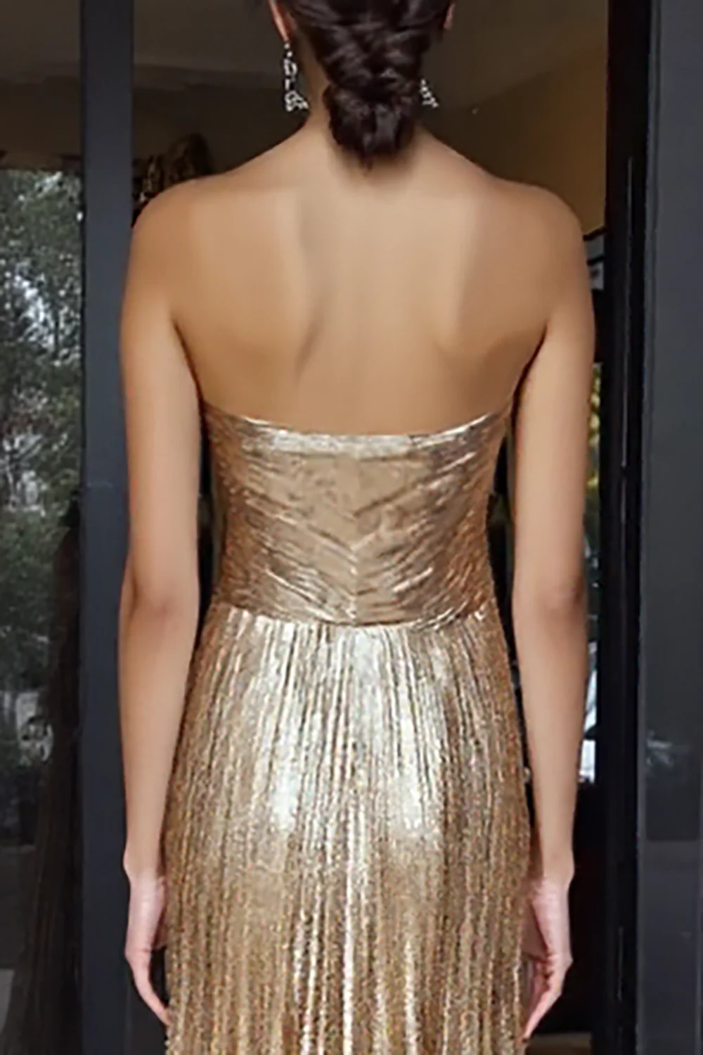 Gold Sweetheart Metallic A-Line Pleated Long Prom Dress - Image 4