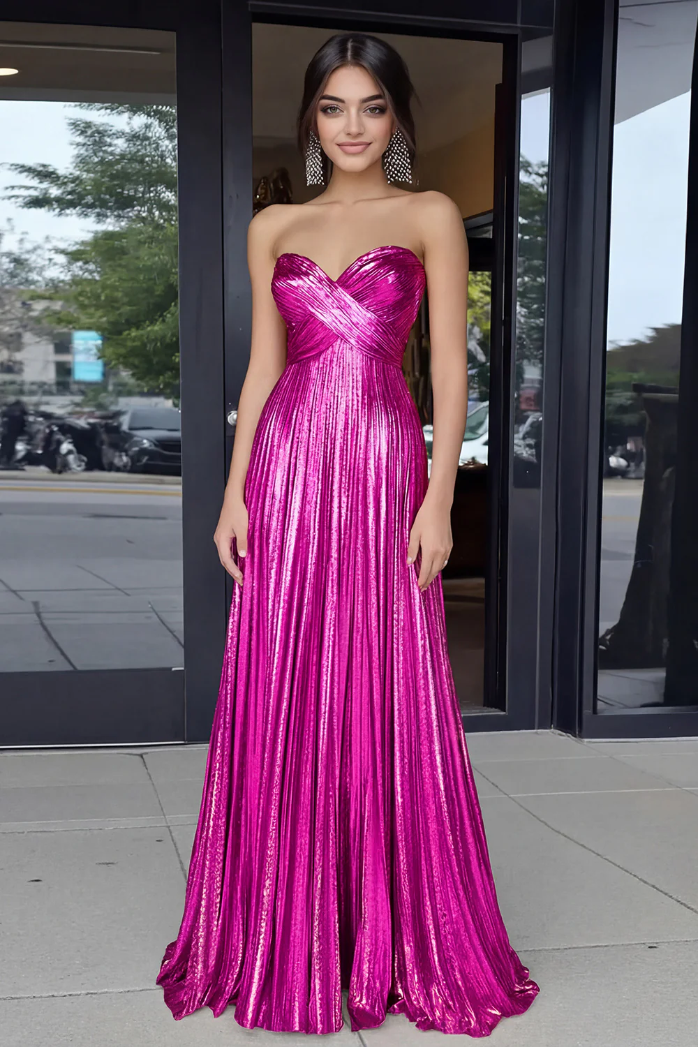Gold Sweetheart Metallic A-Line Pleated Long Prom Dress - Image 6