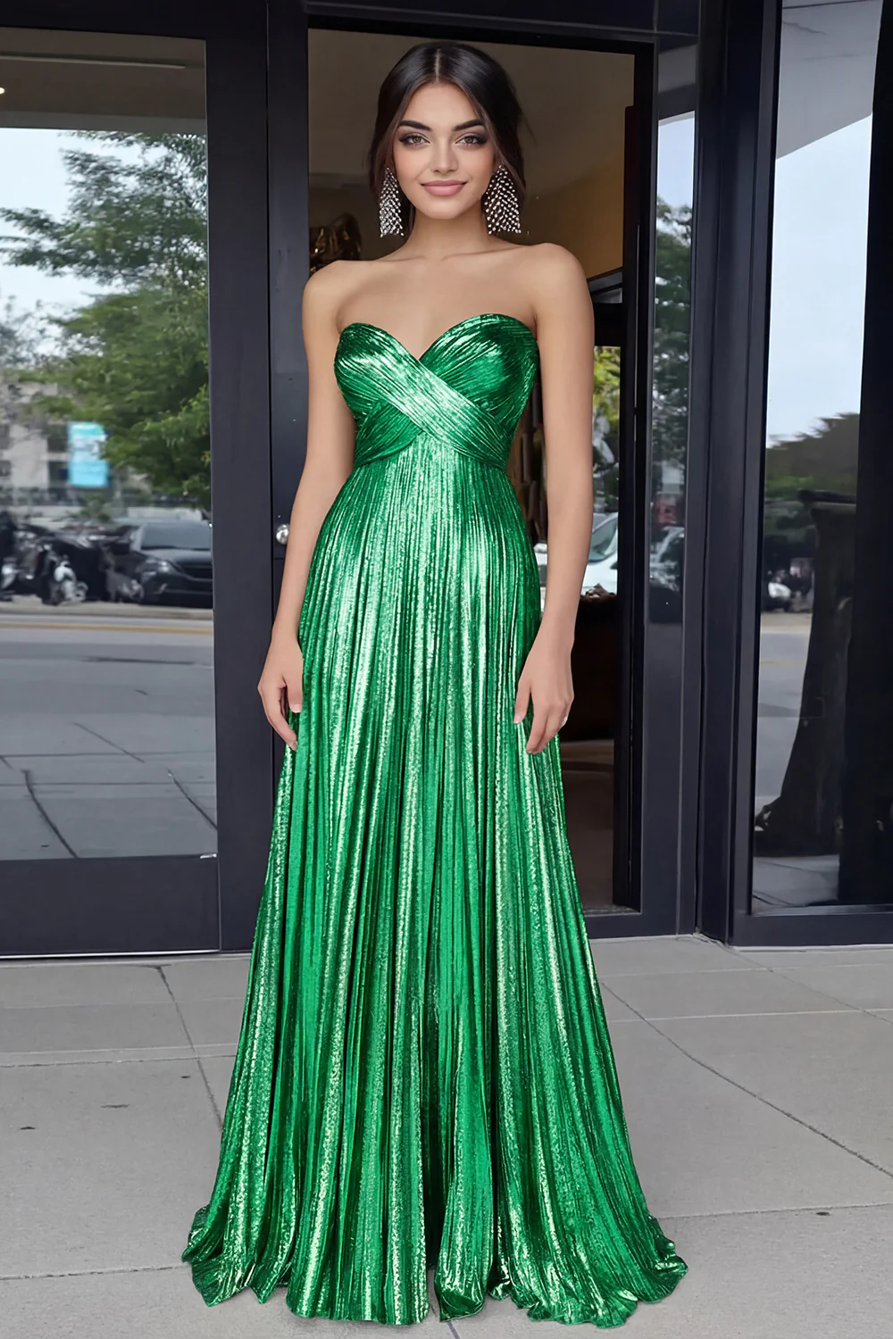 Gold Sweetheart Metallic A-Line Pleated Long Prom Dress - Image 7
