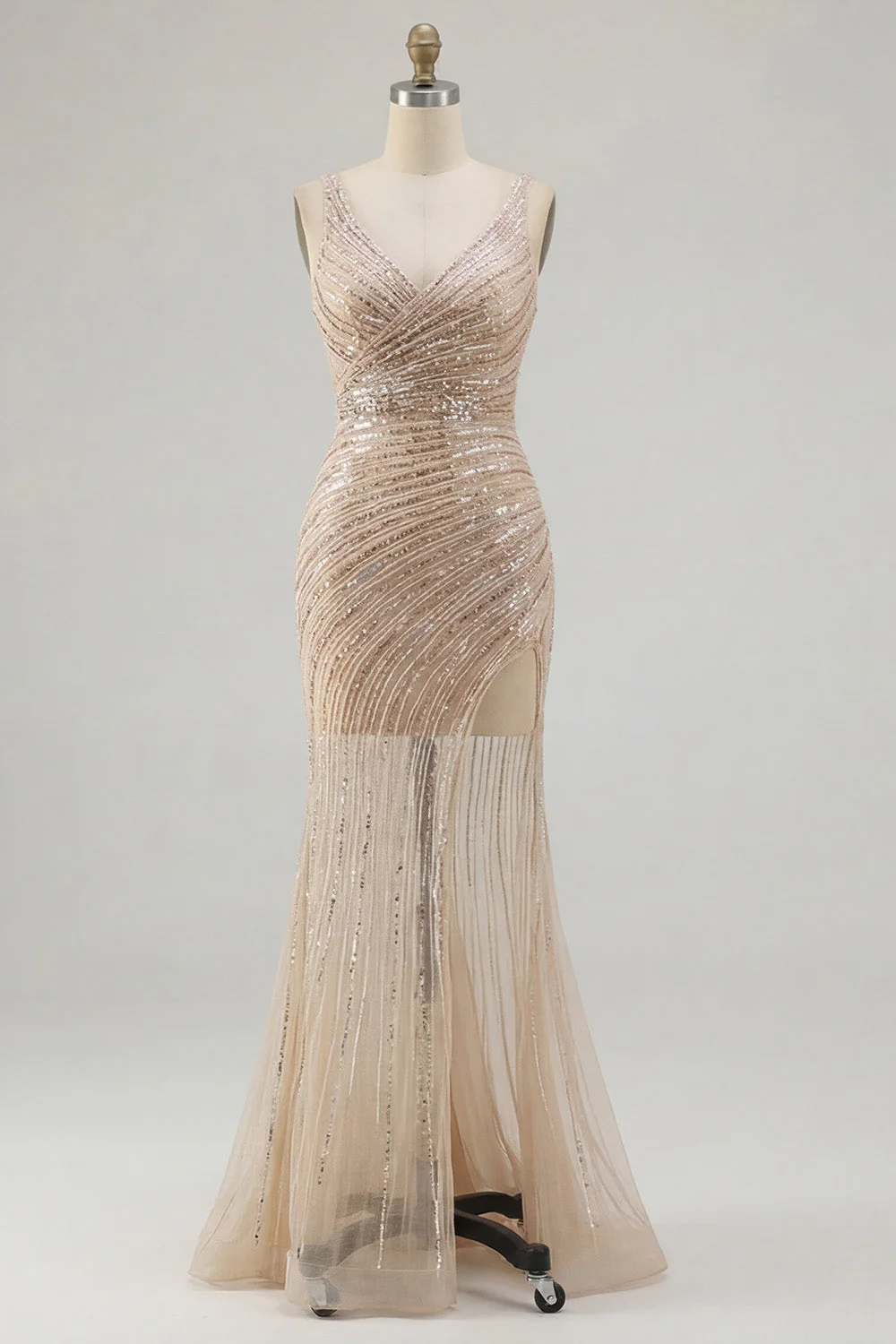Sparkly Gold Mermaid V-Neck Sequin Prom Dress with Slit - Image 5