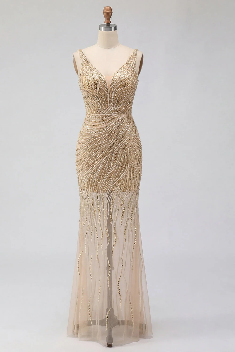 Gold Sheer Mermaid V-Neck Beaded Long Prom Dress - Image 5