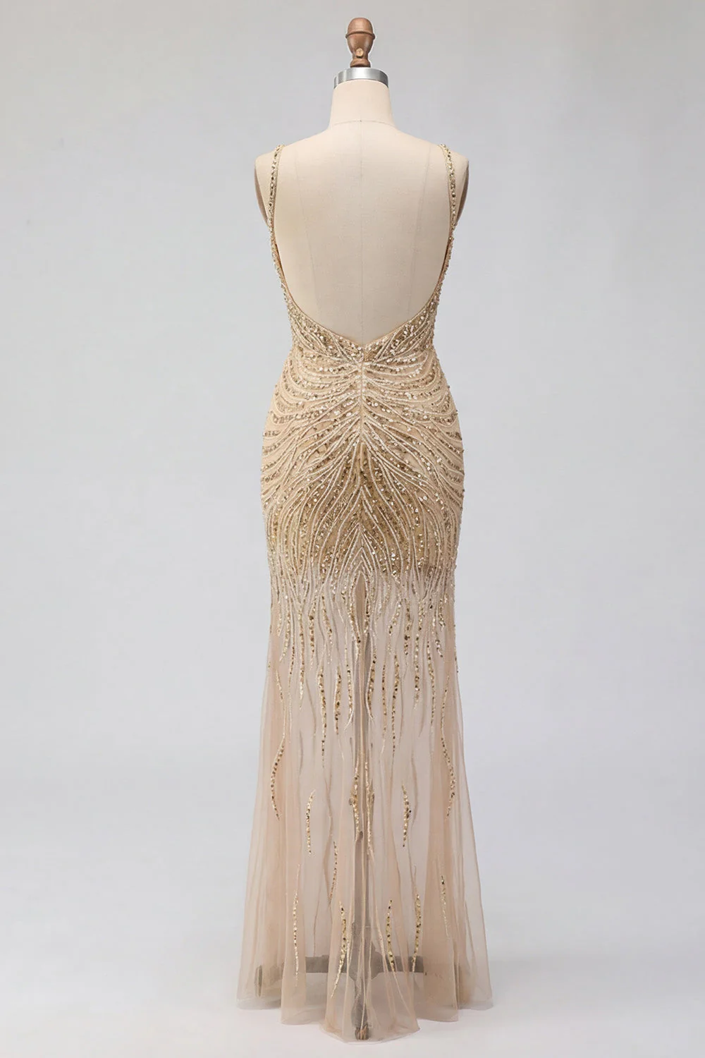 Gold Sheer Mermaid V-Neck Beaded Long Prom Dress - Image 6