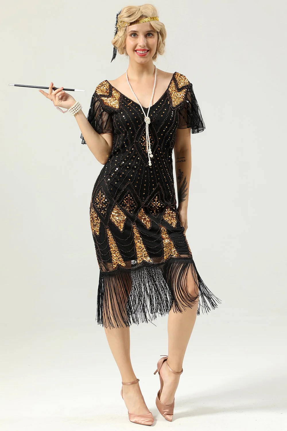 Golden Fringe 1920s Dress