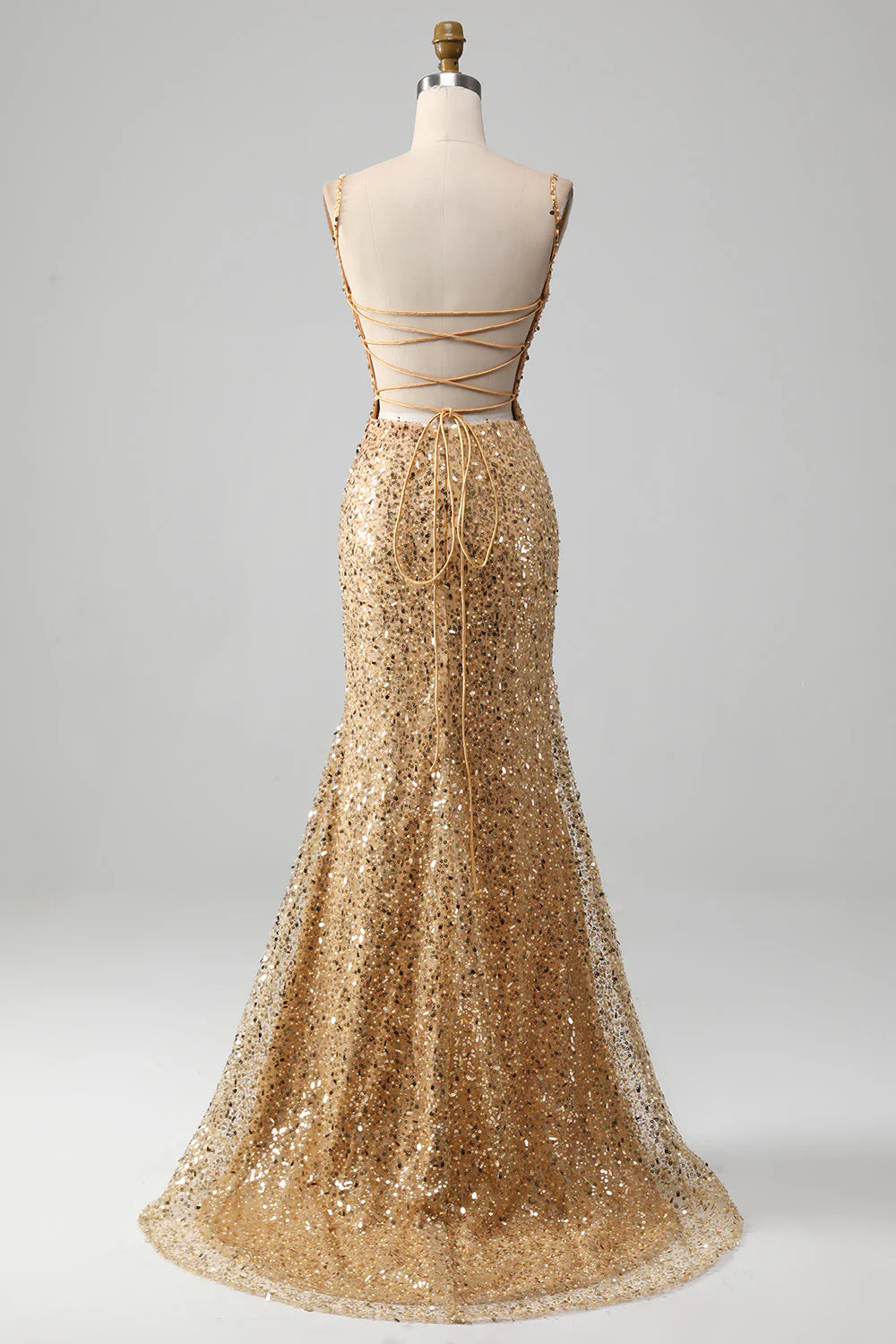 Golden Mermaid Spaghetti Straps Sequined Prom Dress With Slit - Image 2