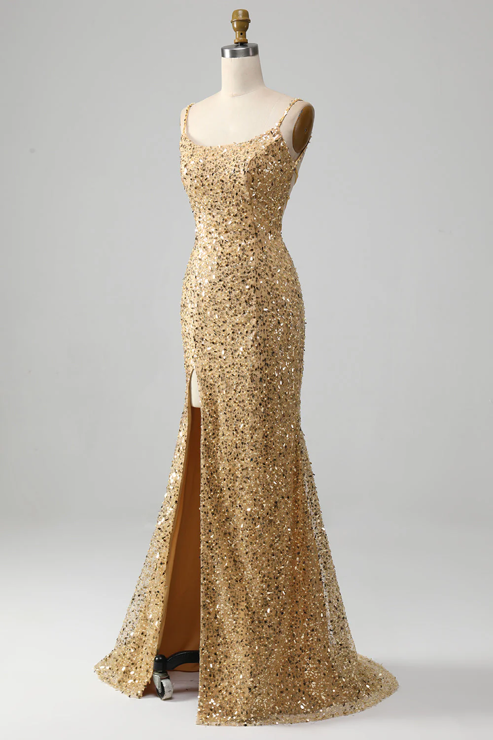 Golden Mermaid Spaghetti Straps Sequined Prom Dress With Slit - Image 3