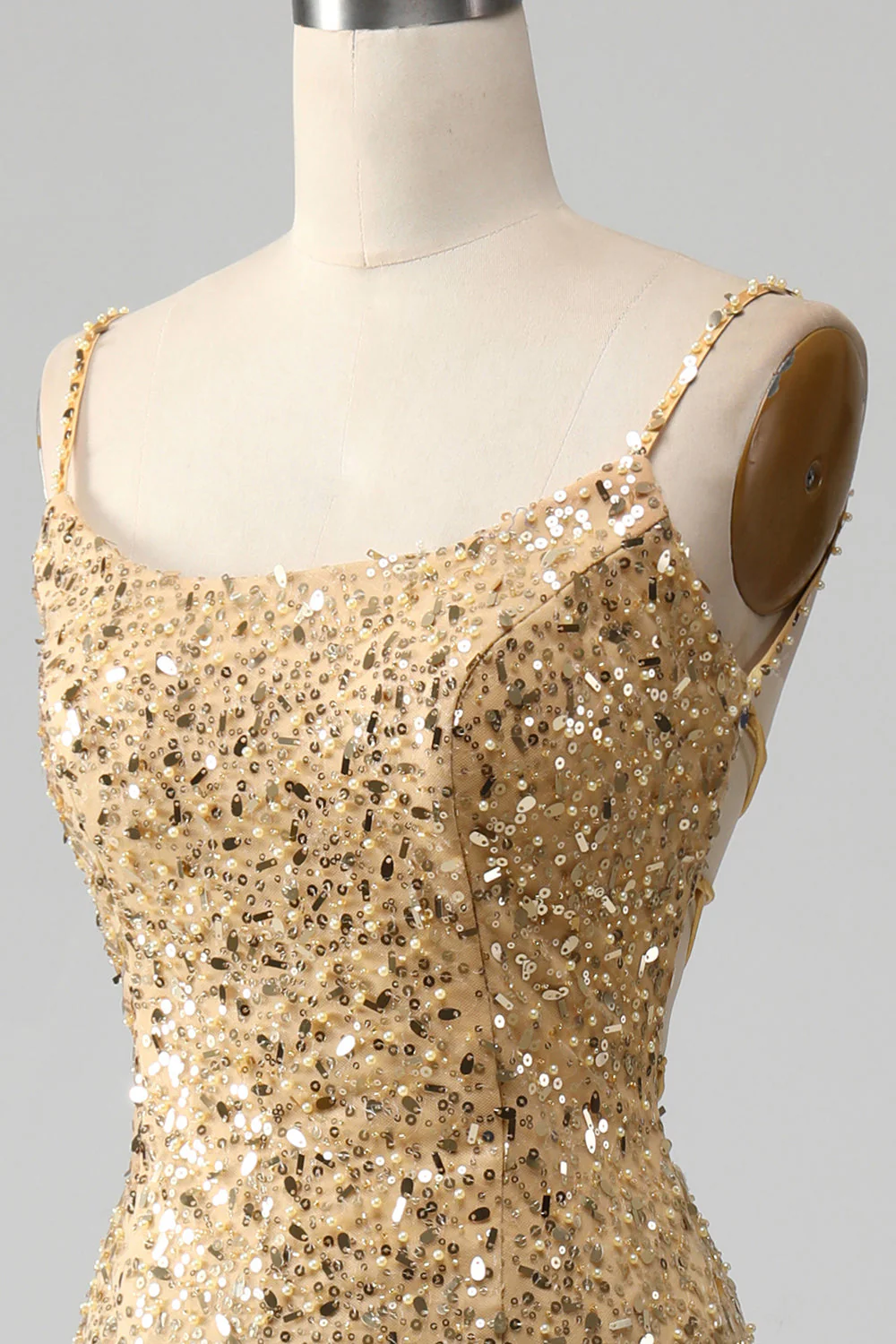 Golden Mermaid Spaghetti Straps Sequined Prom Dress With Slit - Image 6