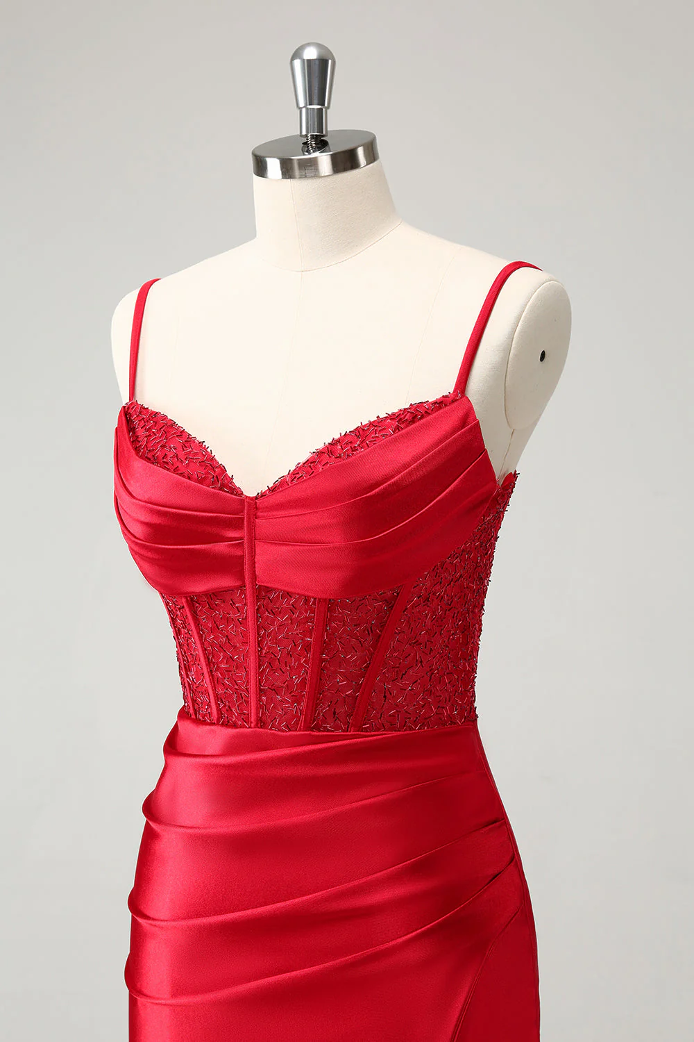 Golden Spaghetti Straps Bodycon Corset Satin Graduation Dress with Slit - Image 12