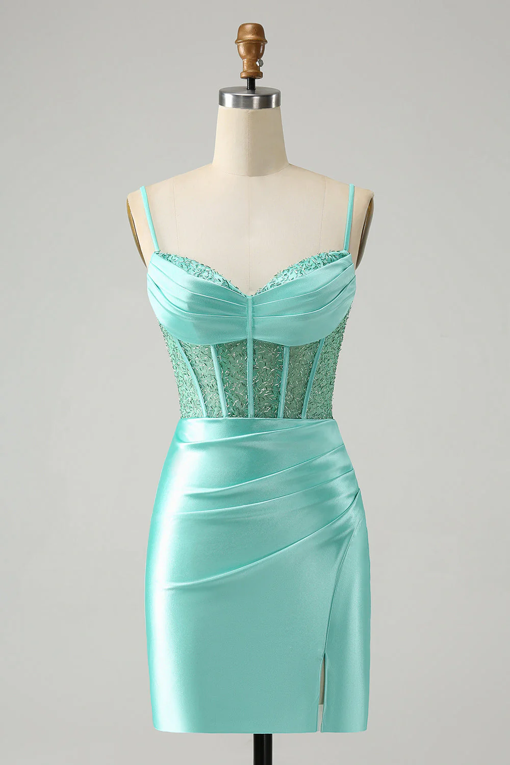 Golden Spaghetti Straps Bodycon Corset Satin Graduation Dress with Slit - Image 13