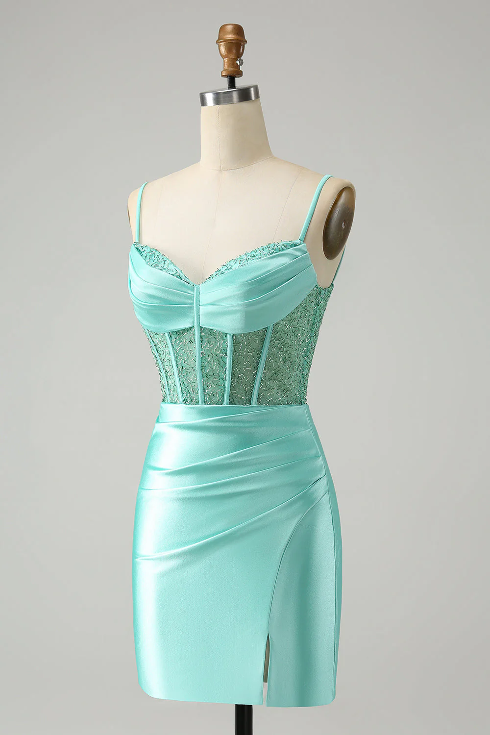 Golden Spaghetti Straps Bodycon Corset Satin Graduation Dress with Slit - Image 15