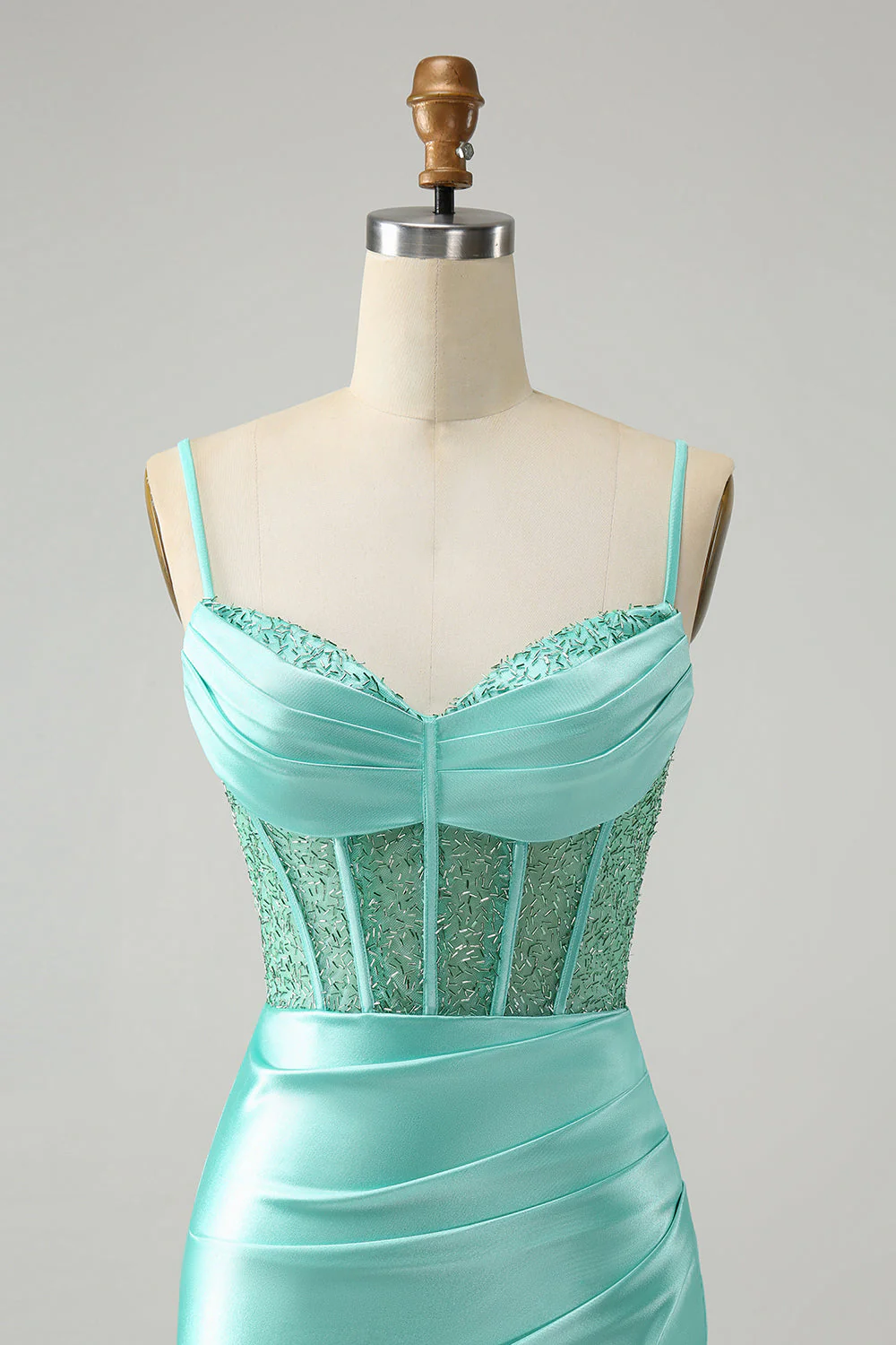Golden Spaghetti Straps Bodycon Corset Satin Graduation Dress with Slit - Image 16