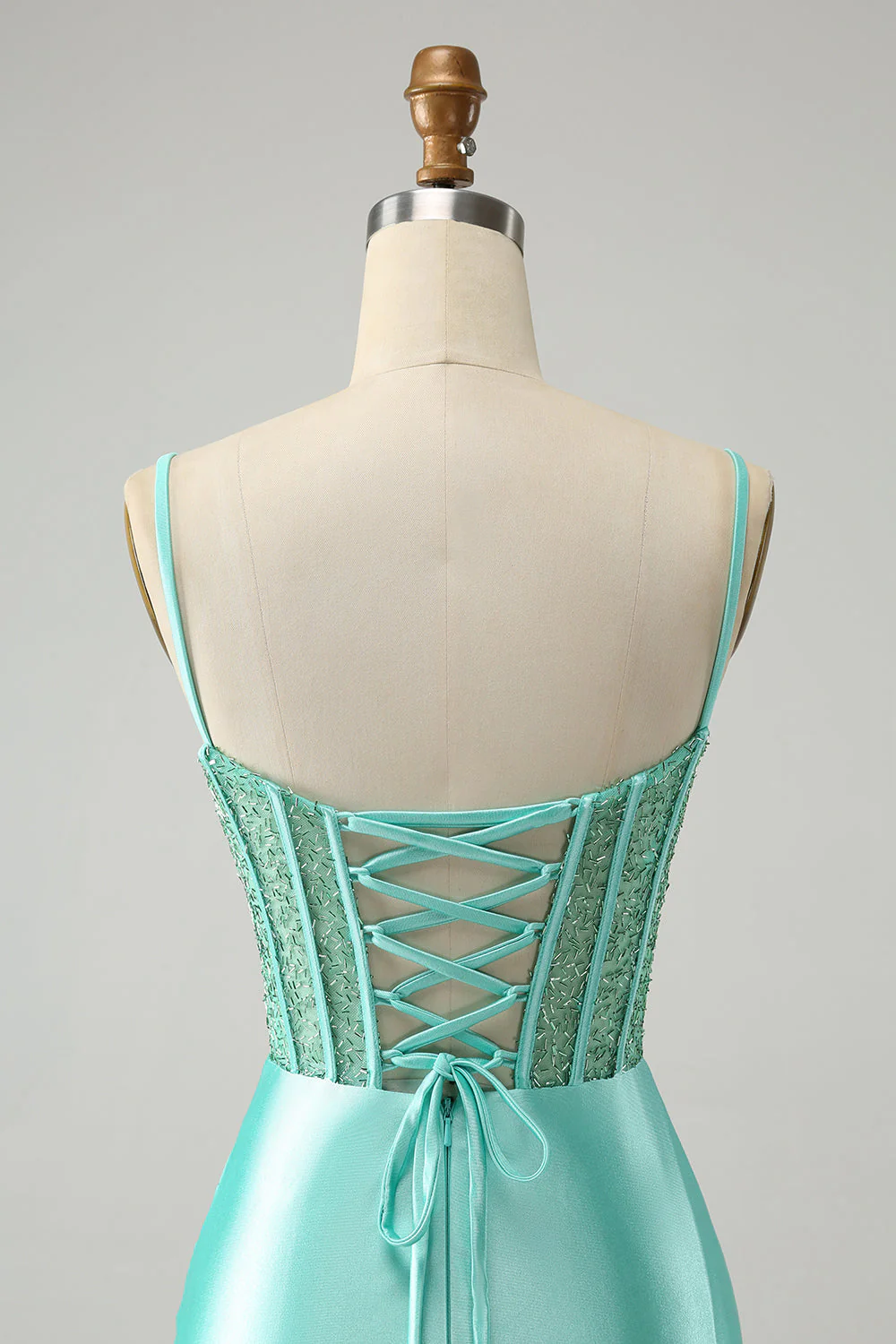 Golden Spaghetti Straps Bodycon Corset Satin Graduation Dress with Slit - Image 17