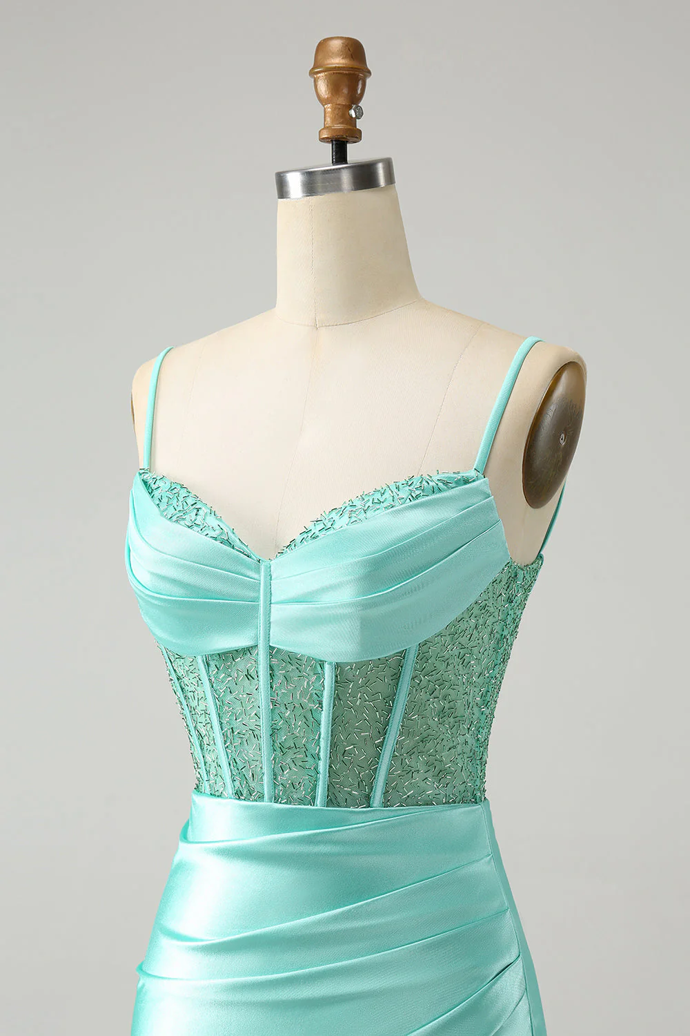 Golden Spaghetti Straps Bodycon Corset Satin Graduation Dress with Slit - Image 18